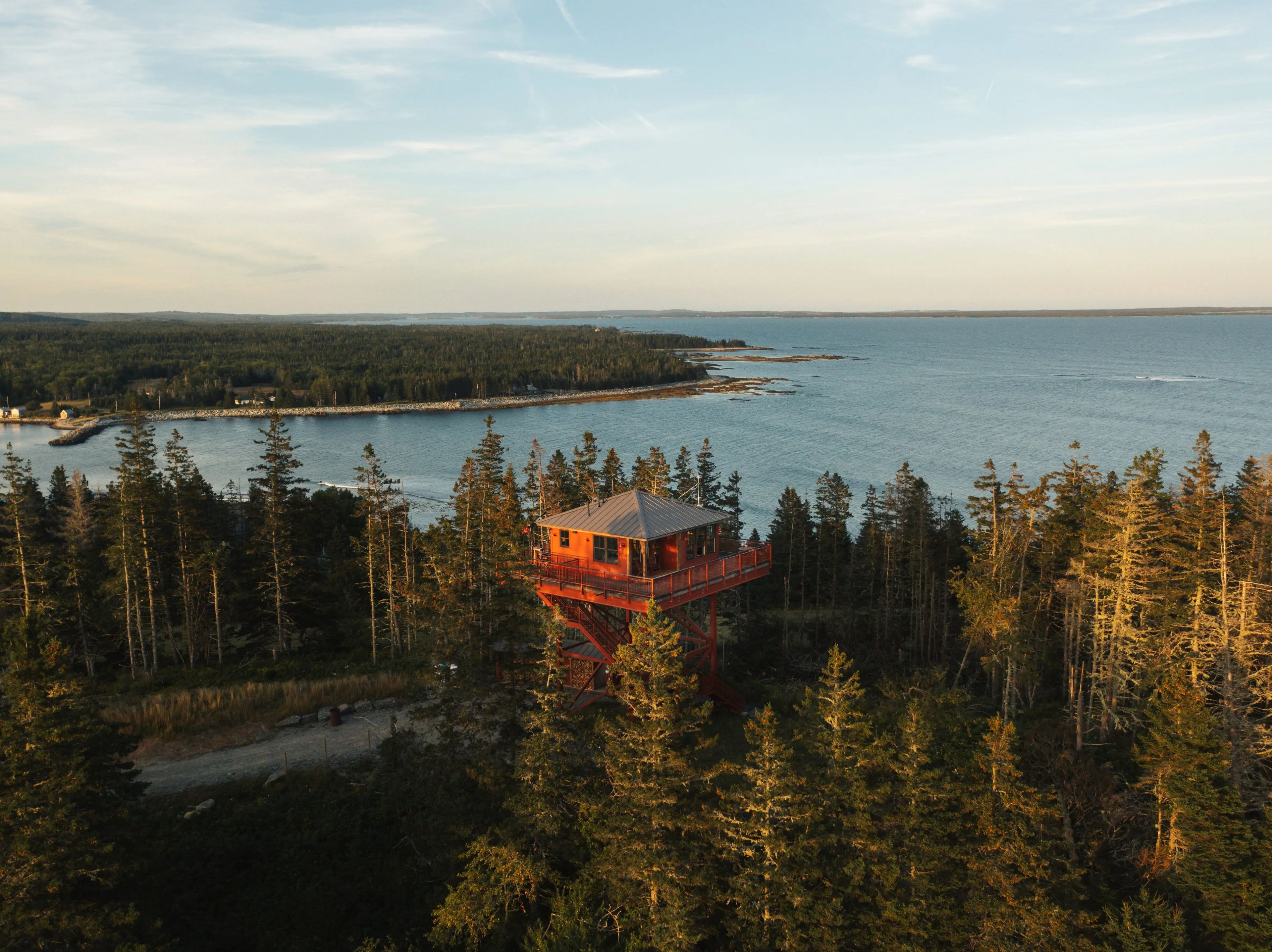 Aerial view of Shackup Tower Airbnb in Nova Scotia, Canada