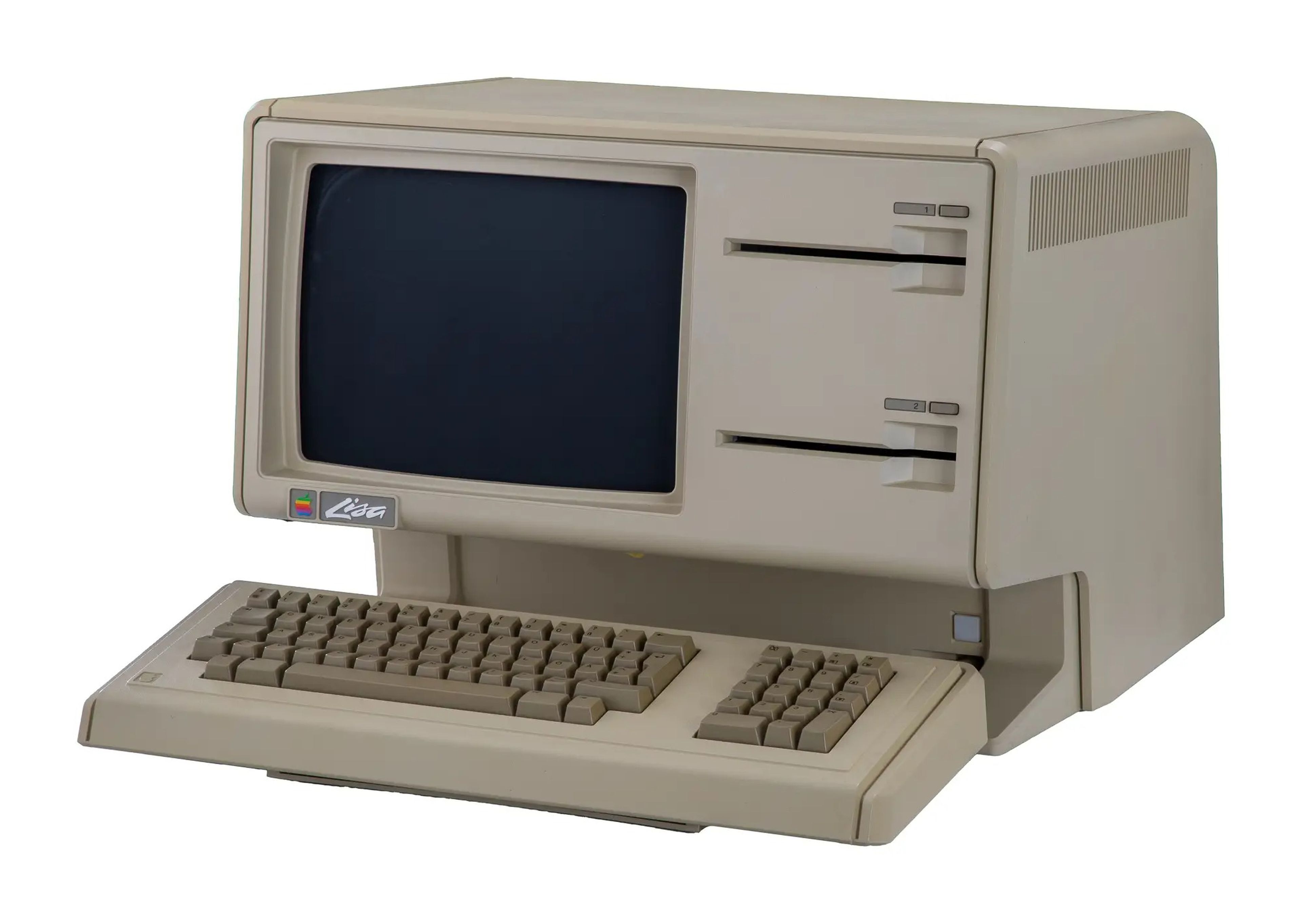the Apple 1983 Lisa I Computer with a screen on the left and two slots on the right, a keyboard is under the screen and slots
