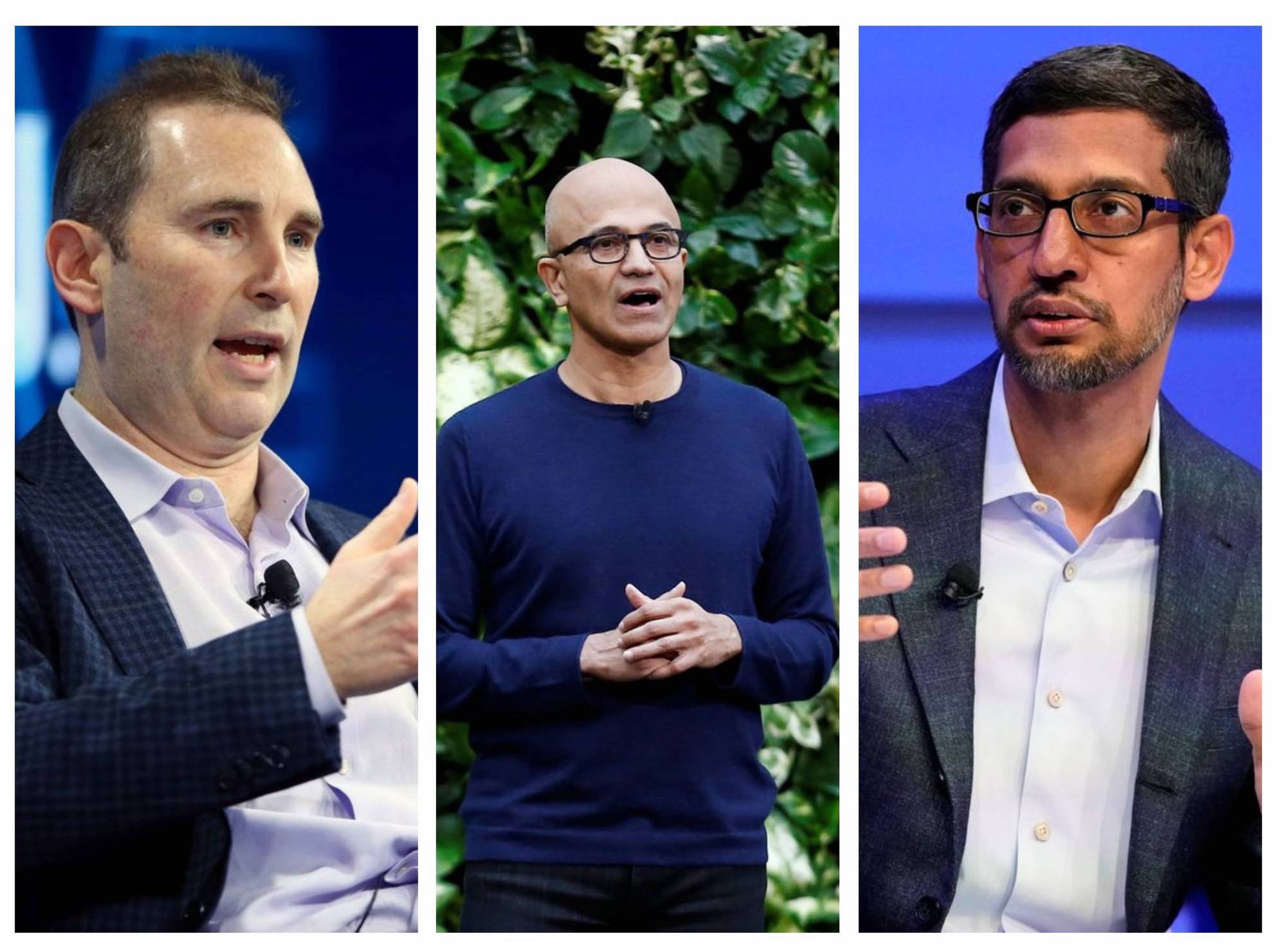 El CEO de Amazon, Andy Jassy (izquierda); el CEO de Microsoft, Satya Nadella (centro); y el CEO de Google, Sundar Pichai.