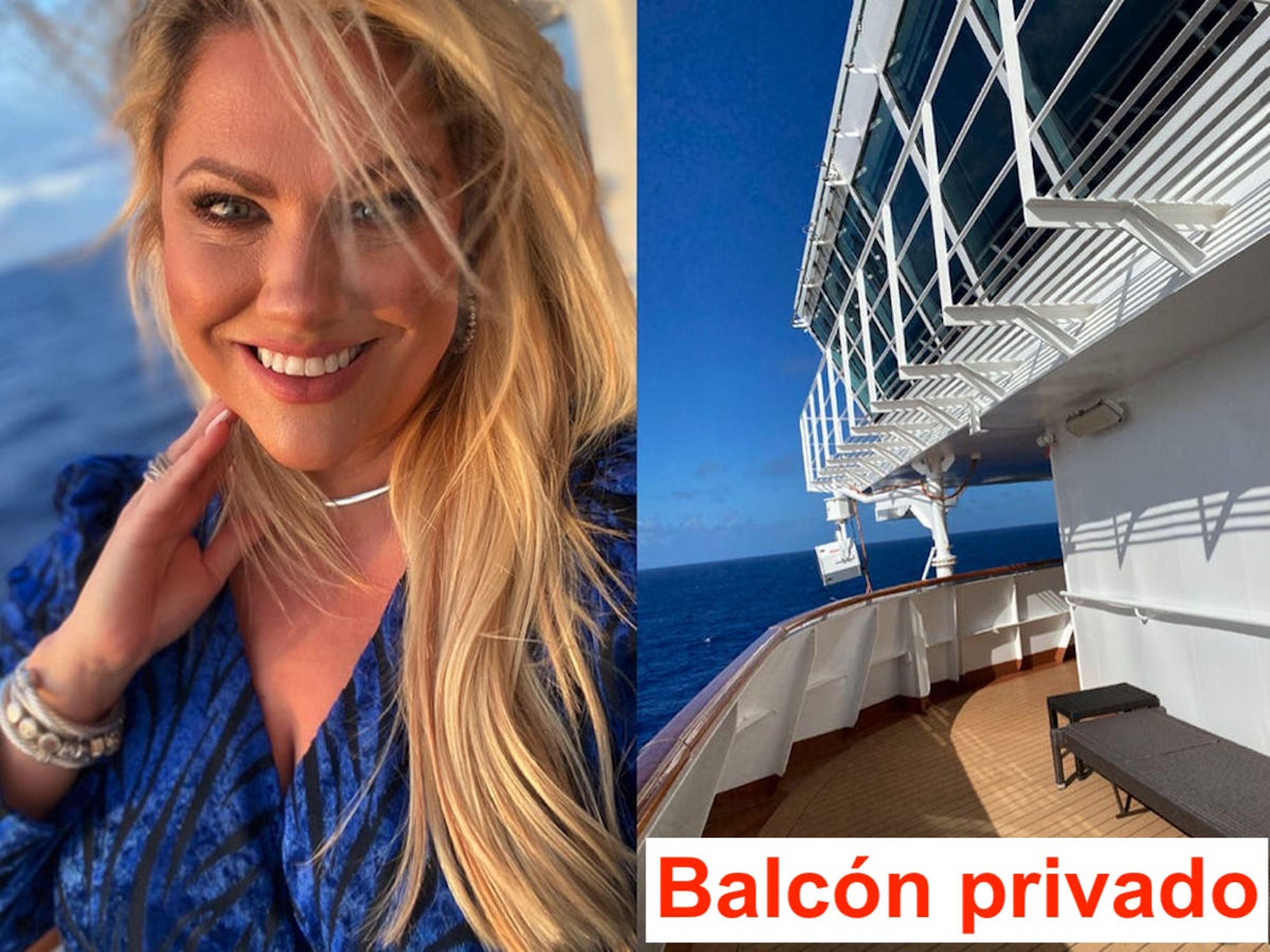 Christine Kesteloo junto a la foto de su balcón privado en un crucero