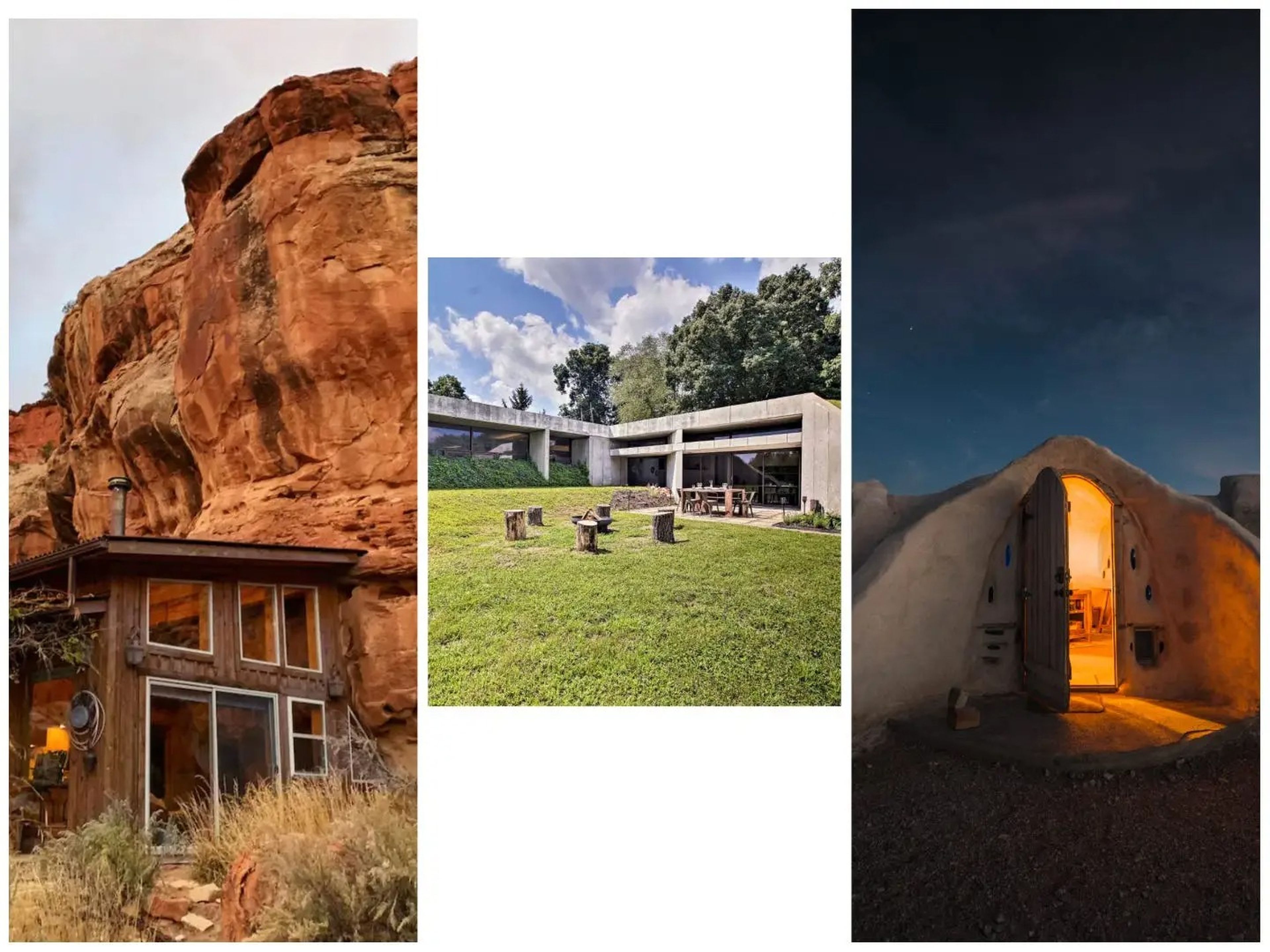 A collage showing a troglodyte home, the "earthouse" and the off-grid dome.