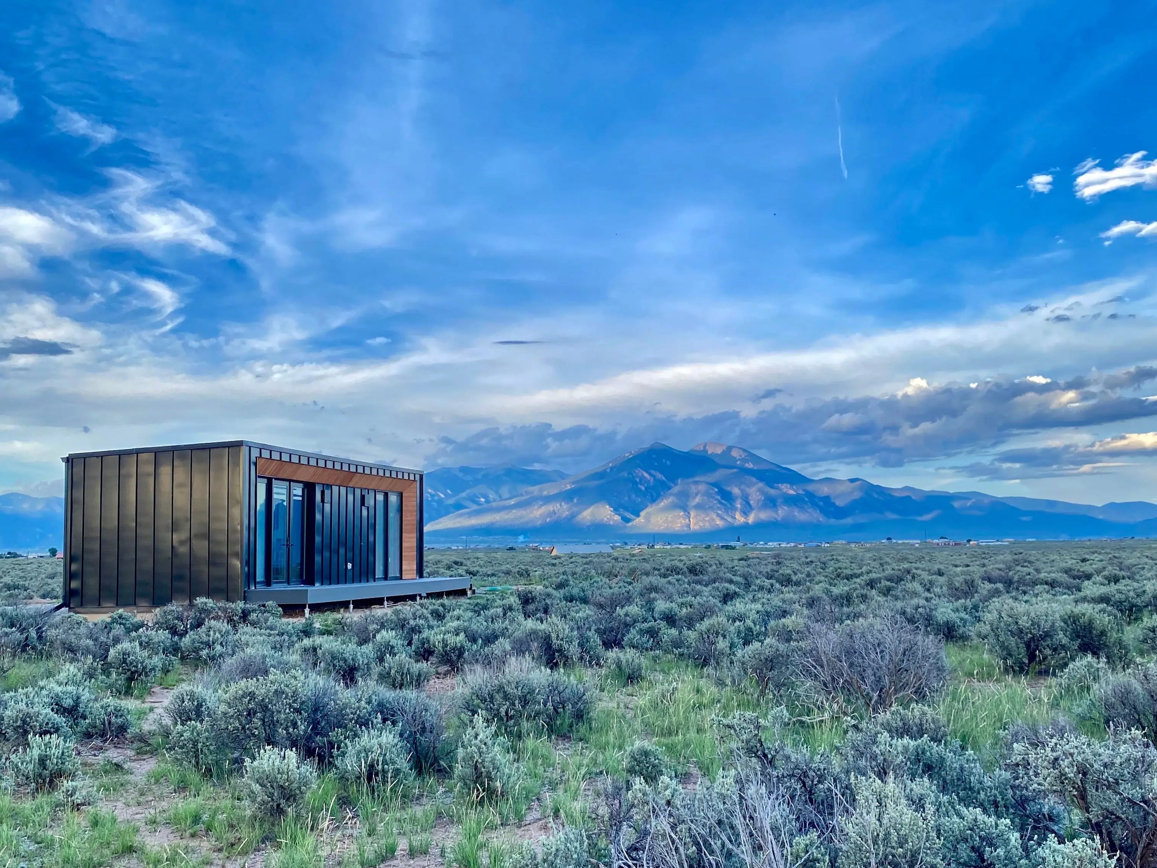 Exterior shot of Airbnb skybox in desert of New Mexico