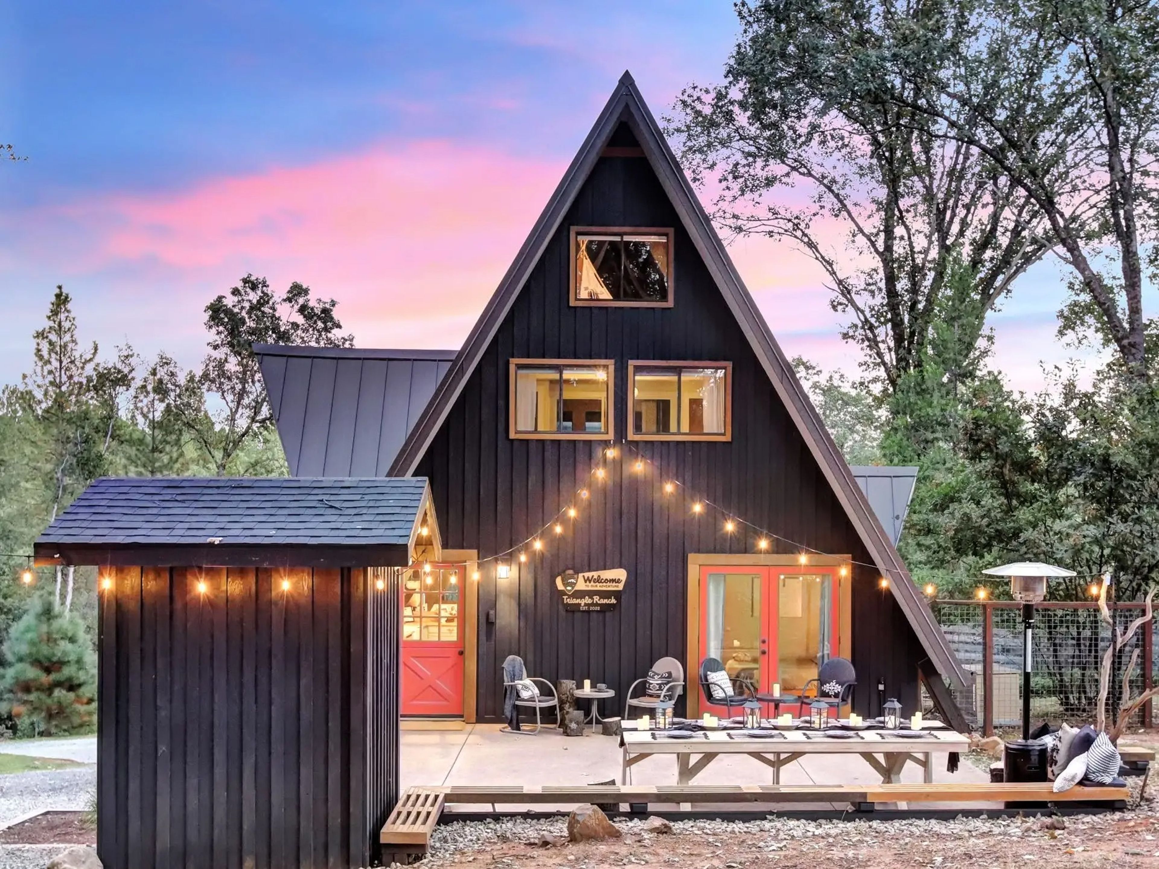 Exterior shot of A-frame Airbnb cabin Grass Valley, California