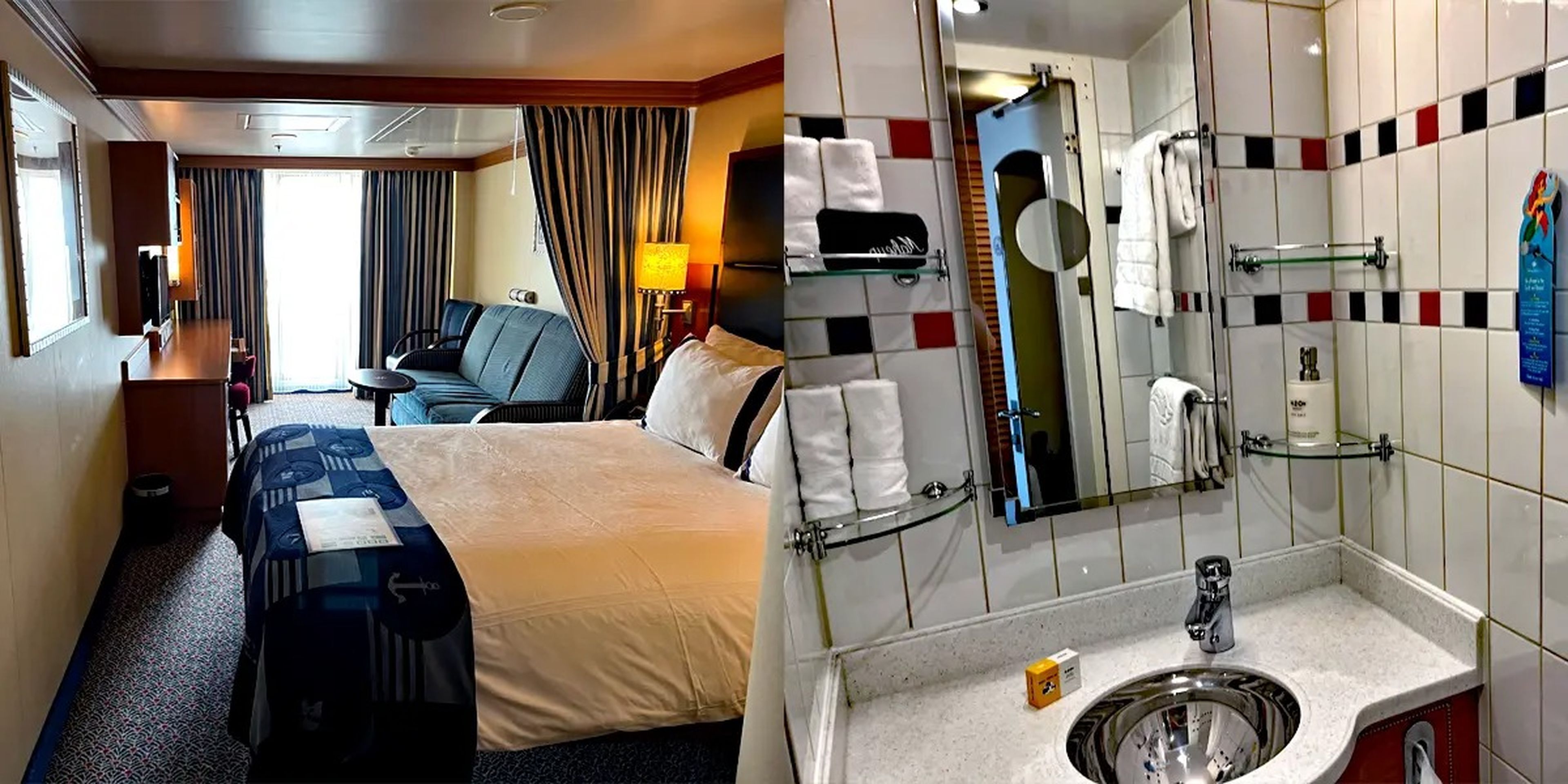 full view of a deluxe family suite on a disney cruise and a view of the bathroom in the suite