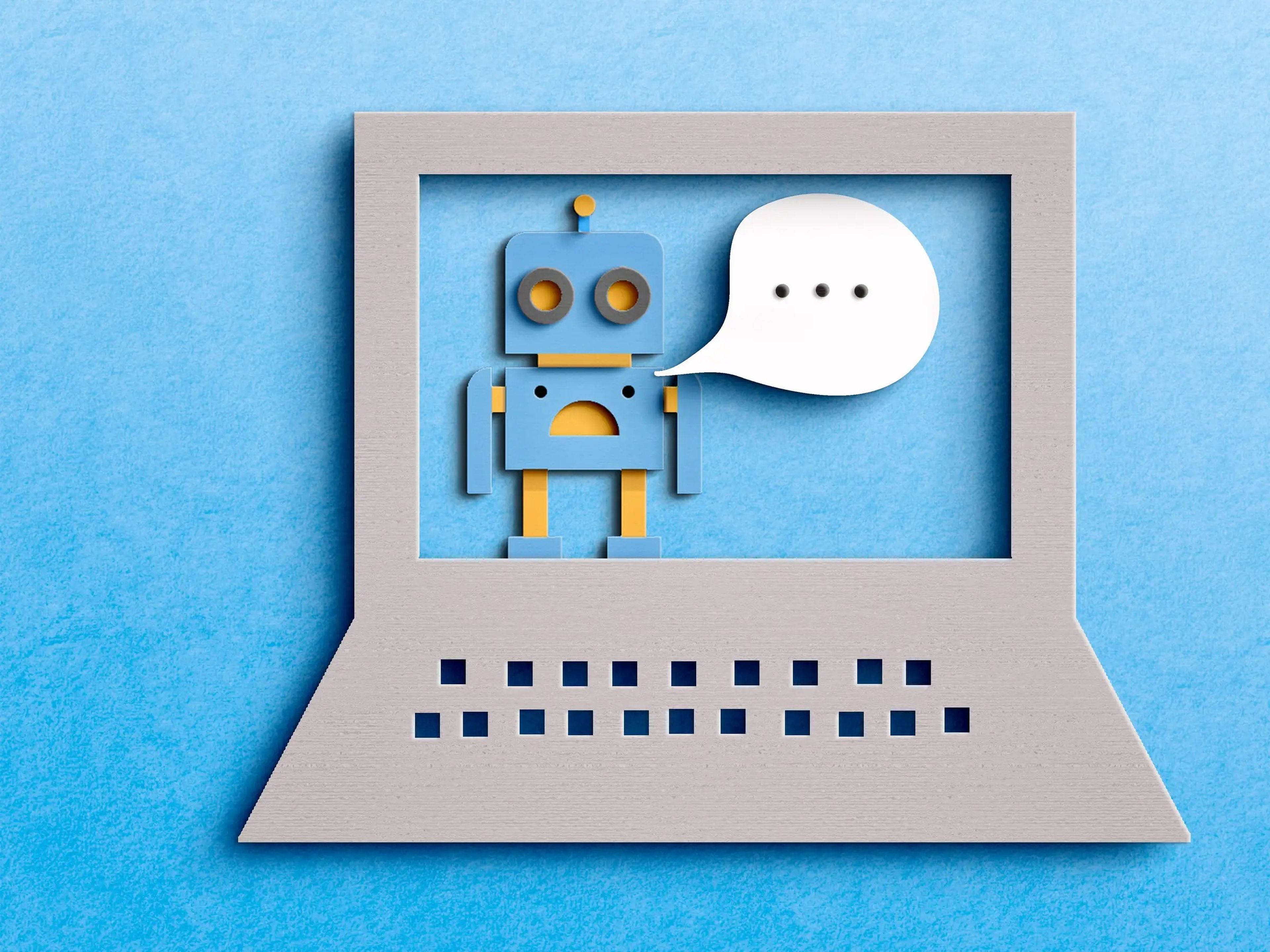 A illustration of a cartoon robot, with a speech bubble coming out of its mouth, in a cartoon computer on a blue background.