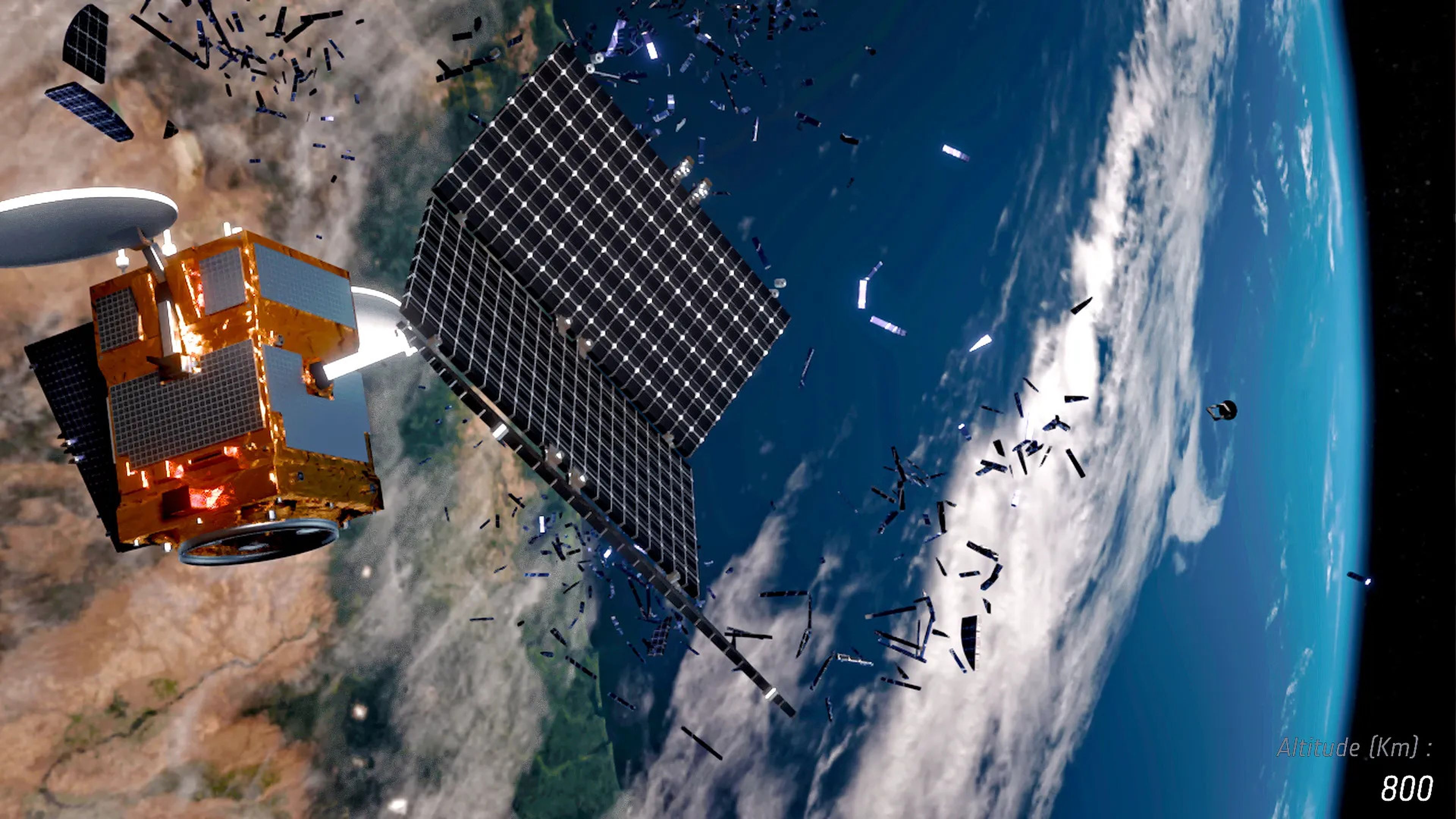 illustration shows satellite shedding bits of metal debris high above earth