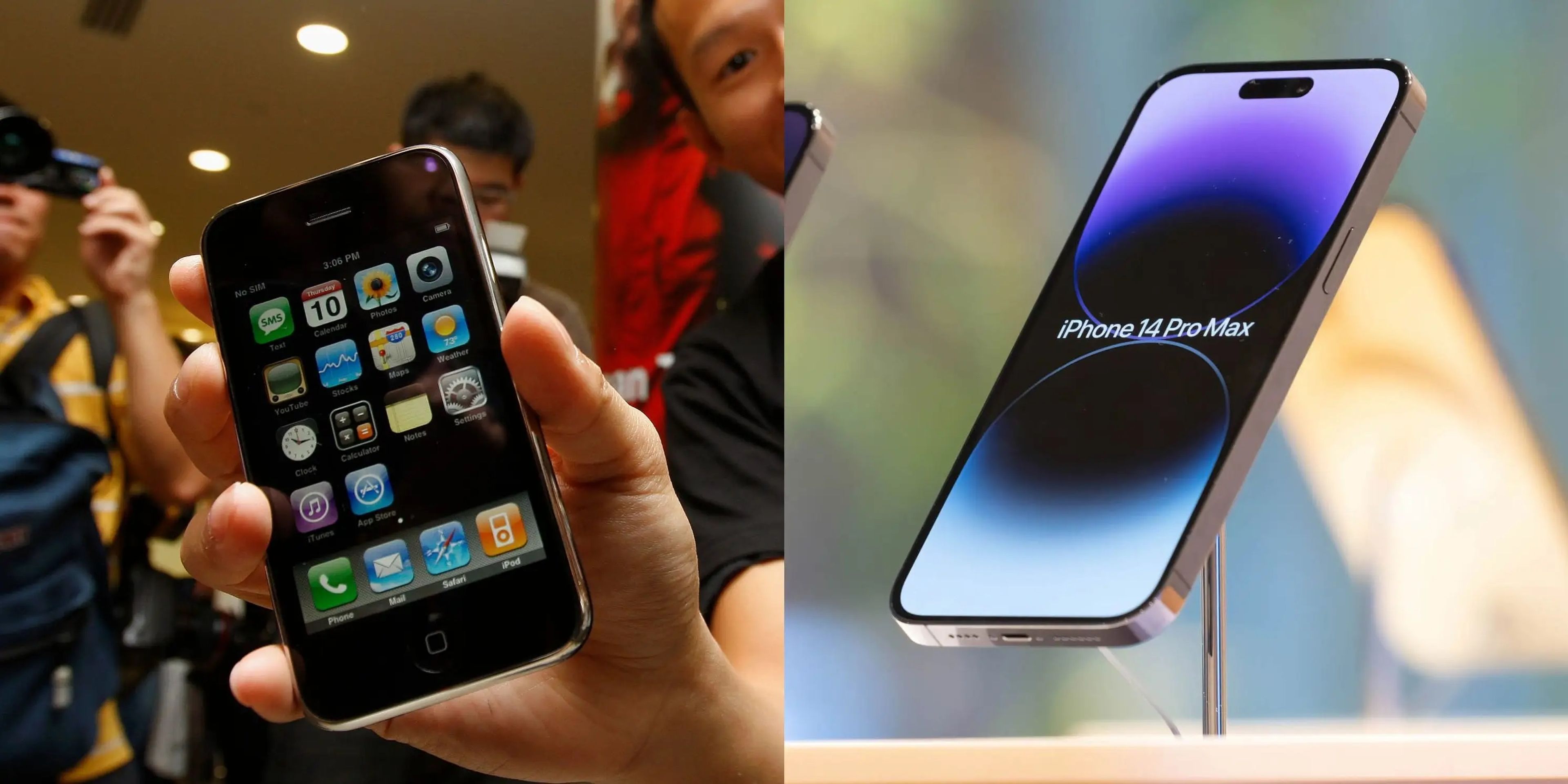 El iPhone 3GS de Apple (izquierda), junto al iPhone 14 Pro Max.
