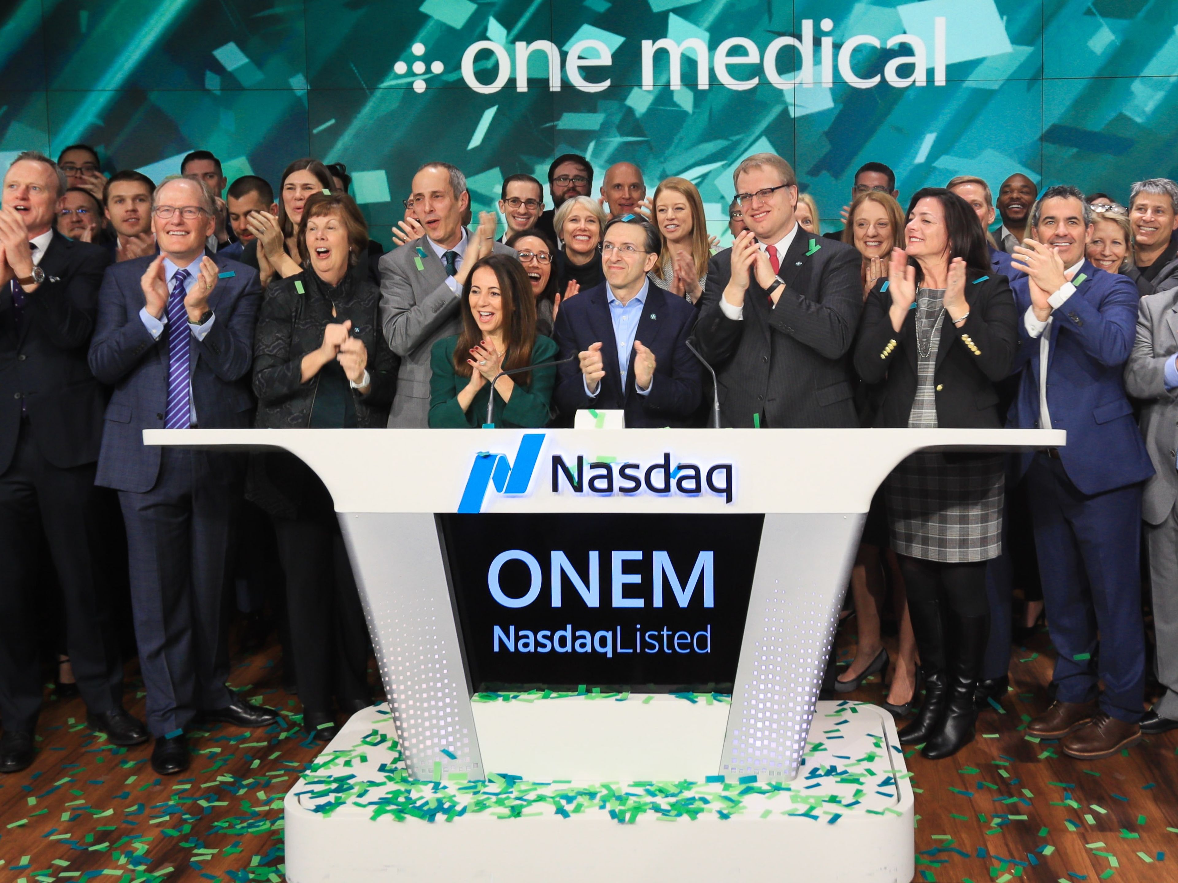 One Medical ringing the bell on the Nasdaq on the day of its IPO.