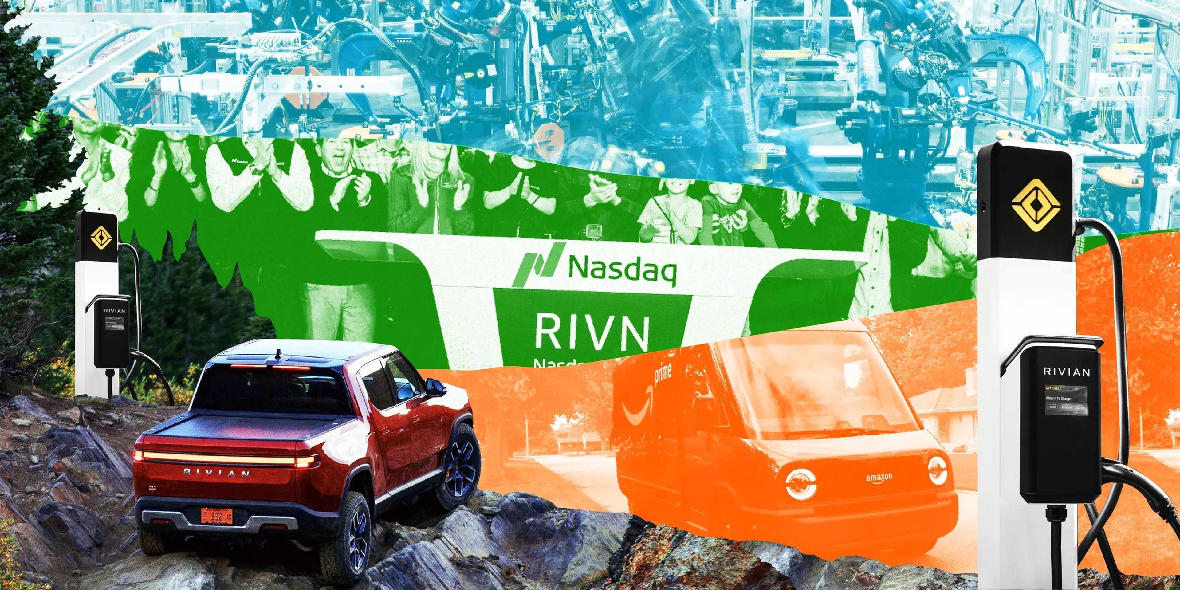 Camioneta Rivian mirando al borde de un acantilado rodeado por 2 estaciones de carga Rivian, enmarcando fragmentos de fotos azules, verdes y naranjas de una fábrica Rivian, IPO, y el camión Amazon.