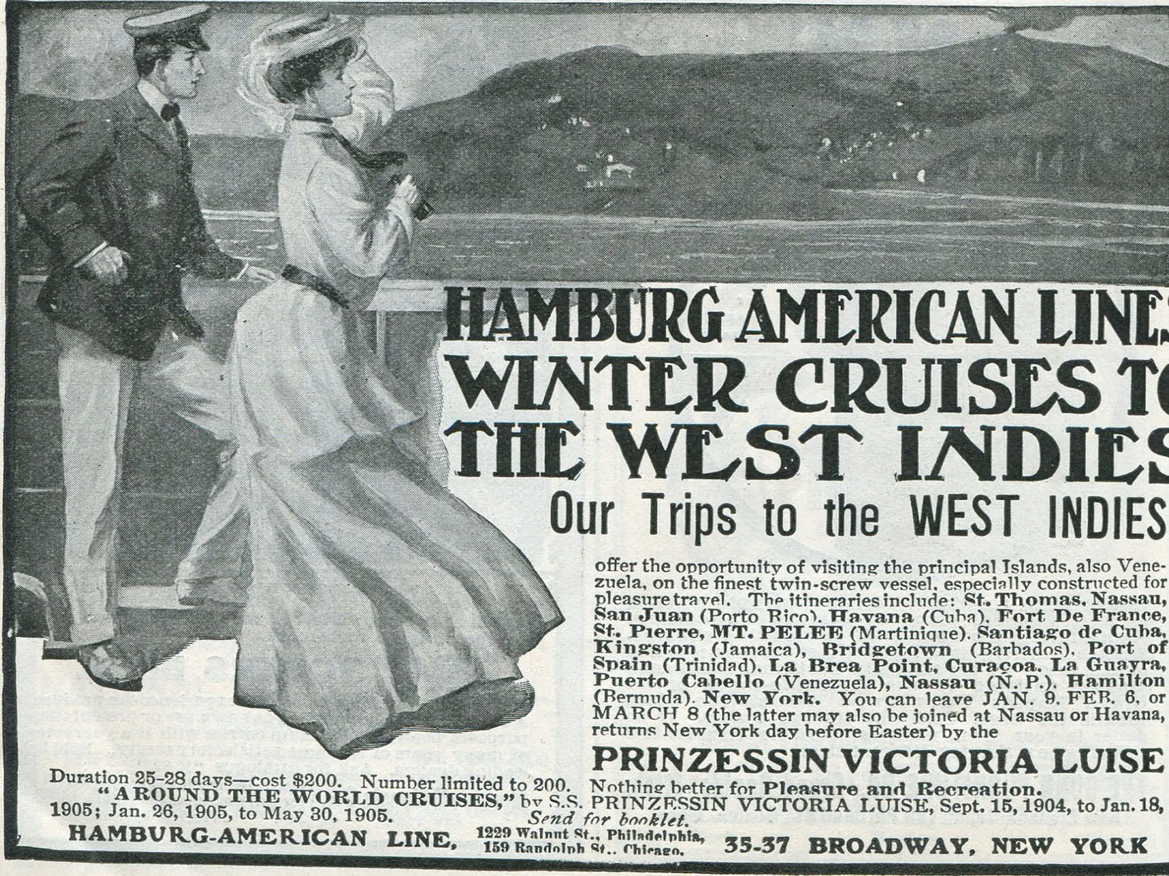 Anuncio de viajes y cruceros a las Antillas por la Hamburg American Line, Nueva York, 1903.