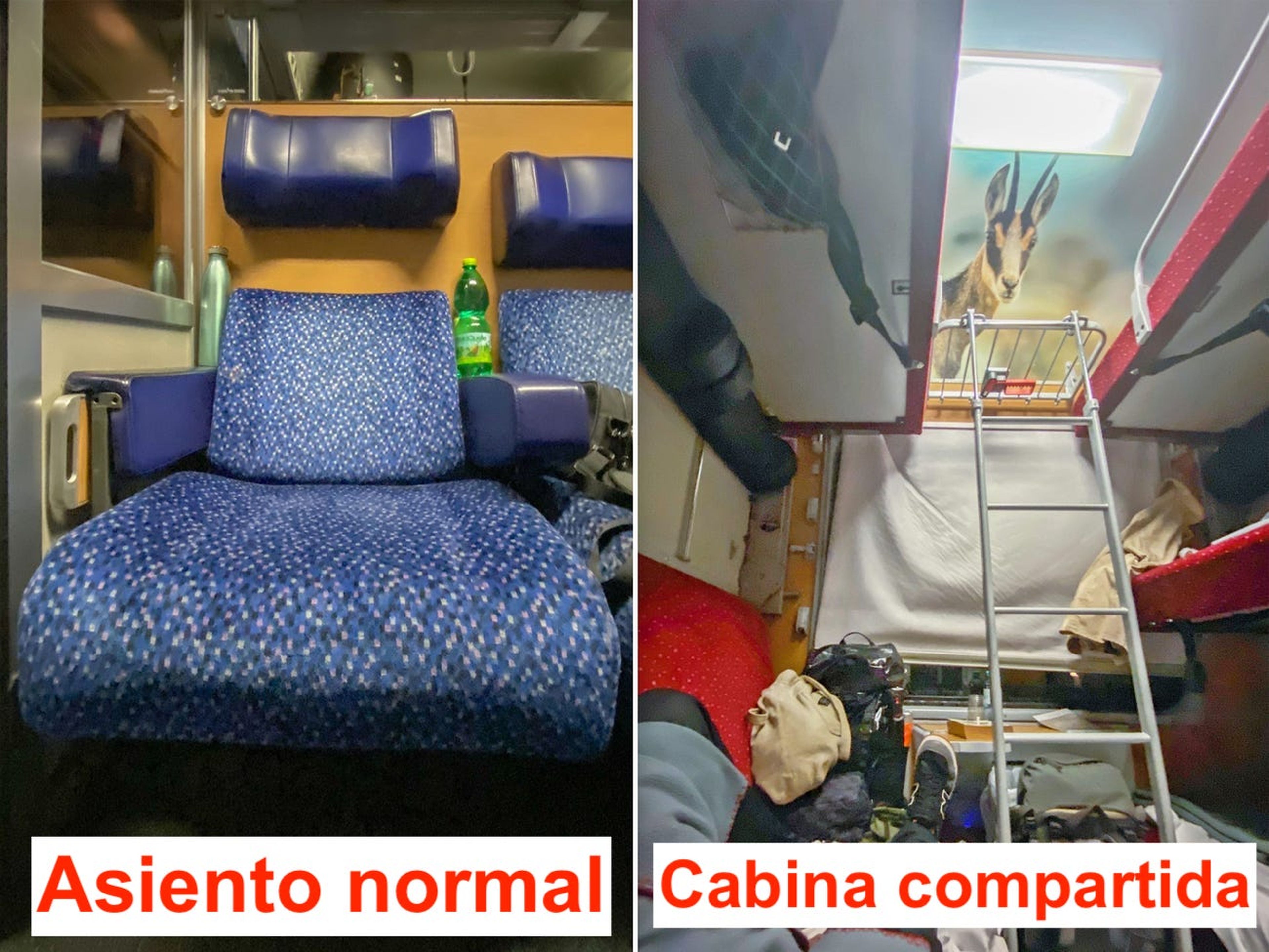 Asiento normal y cabina compartida en un tren.