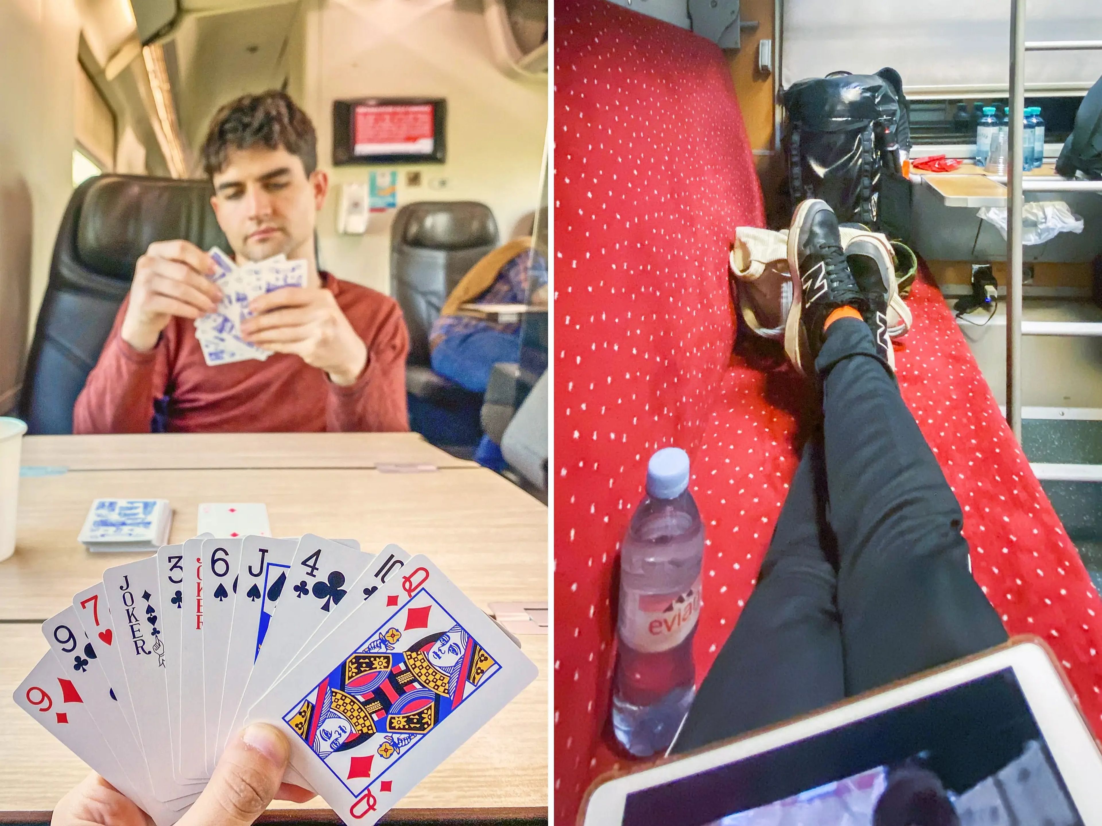 La autora juega a las cartas con su pareja en un tren en Italia (izda.) y utiliza su iPad en un tren en Viena (dcha.).