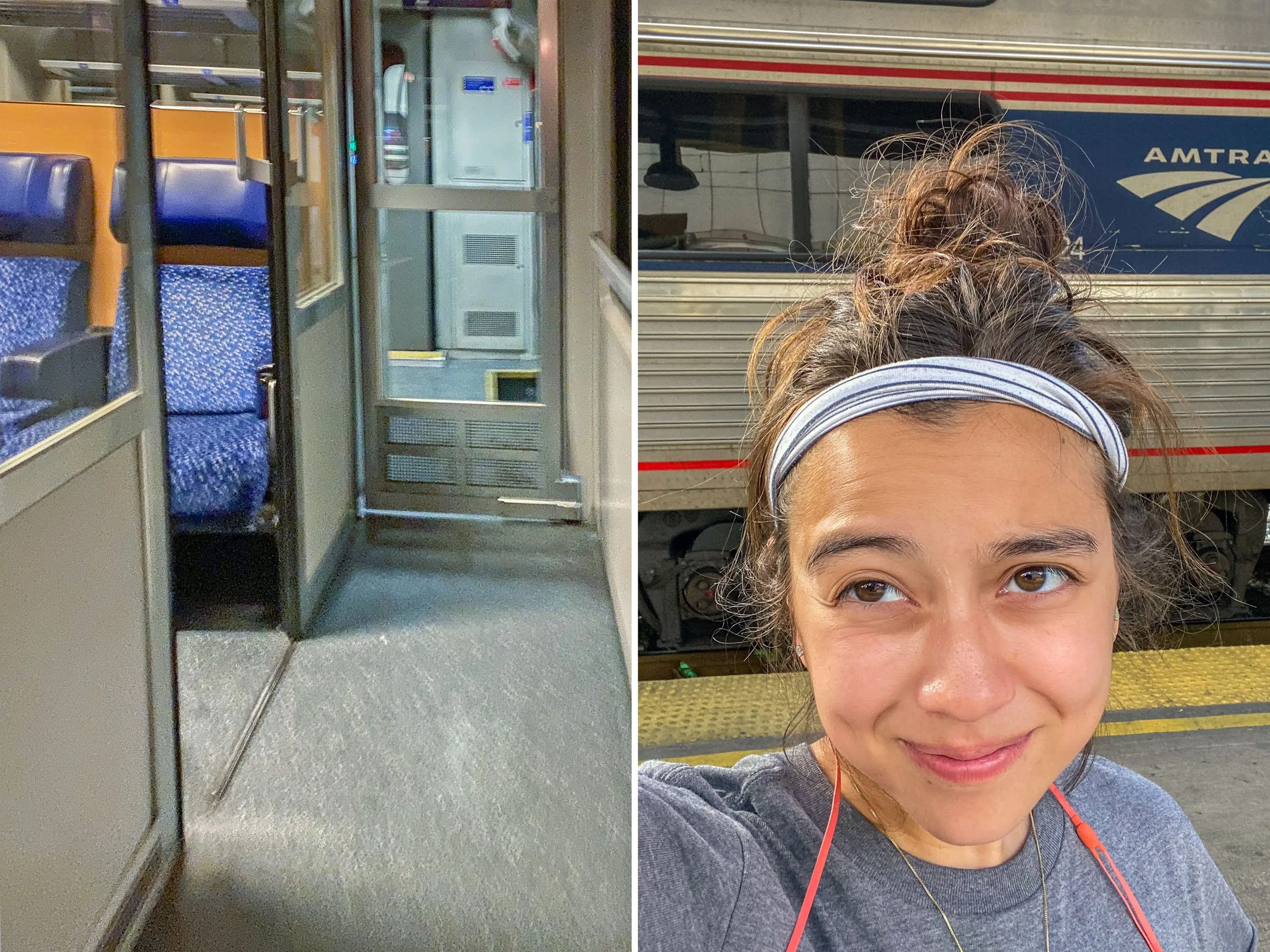 La autora pasea por un tren-cama en Berlín en octubre de 2022 (izda.) y estira las piernas durante una larga parada en un viaje de 30 horas en tren de Miami a Nueva York en octubre de 2021 (dcha.).