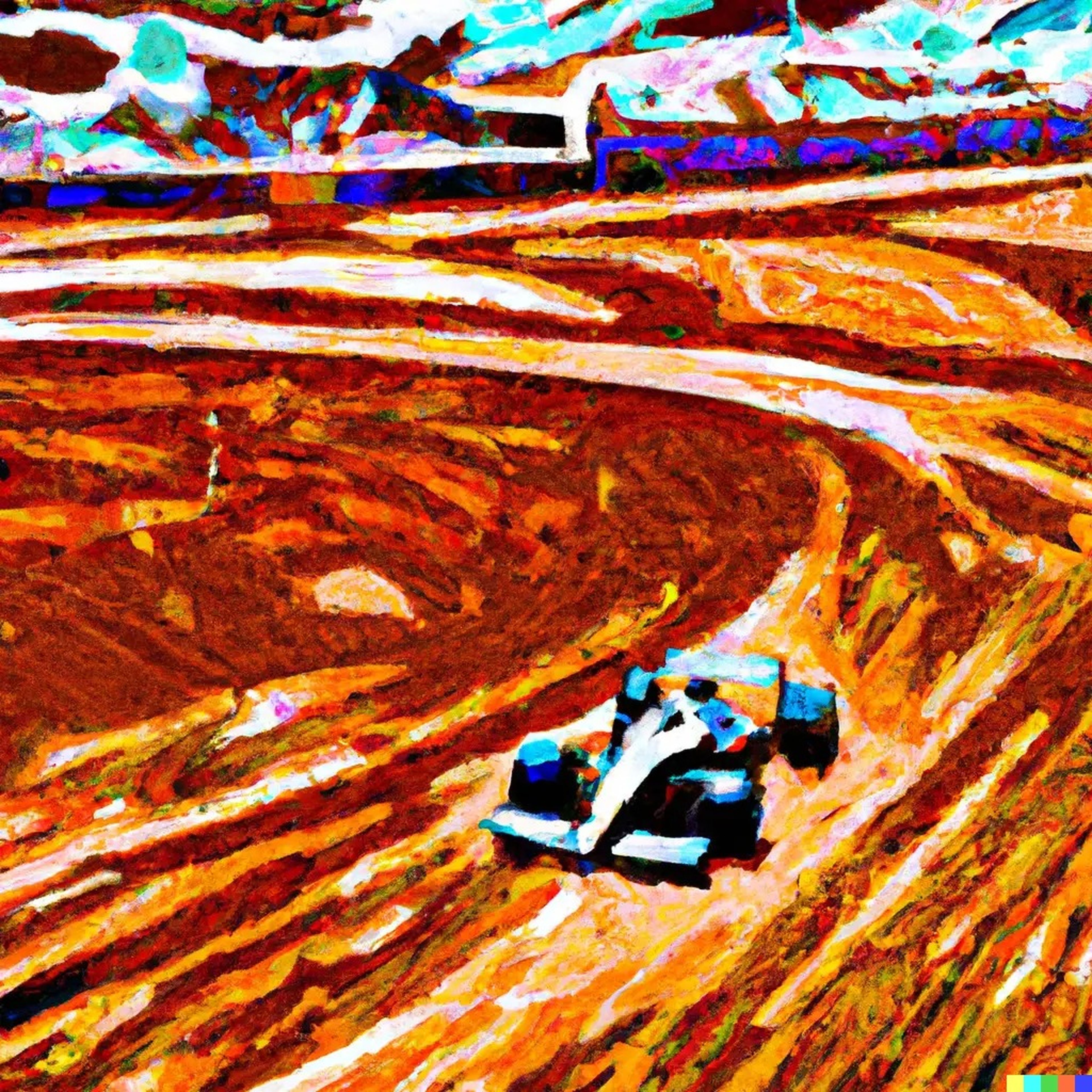 Imagen generada por la IA de DALL-E de "un cuadro al estilo Van Gogh de un coche de Fórmula 1 conduciendo en Marte".