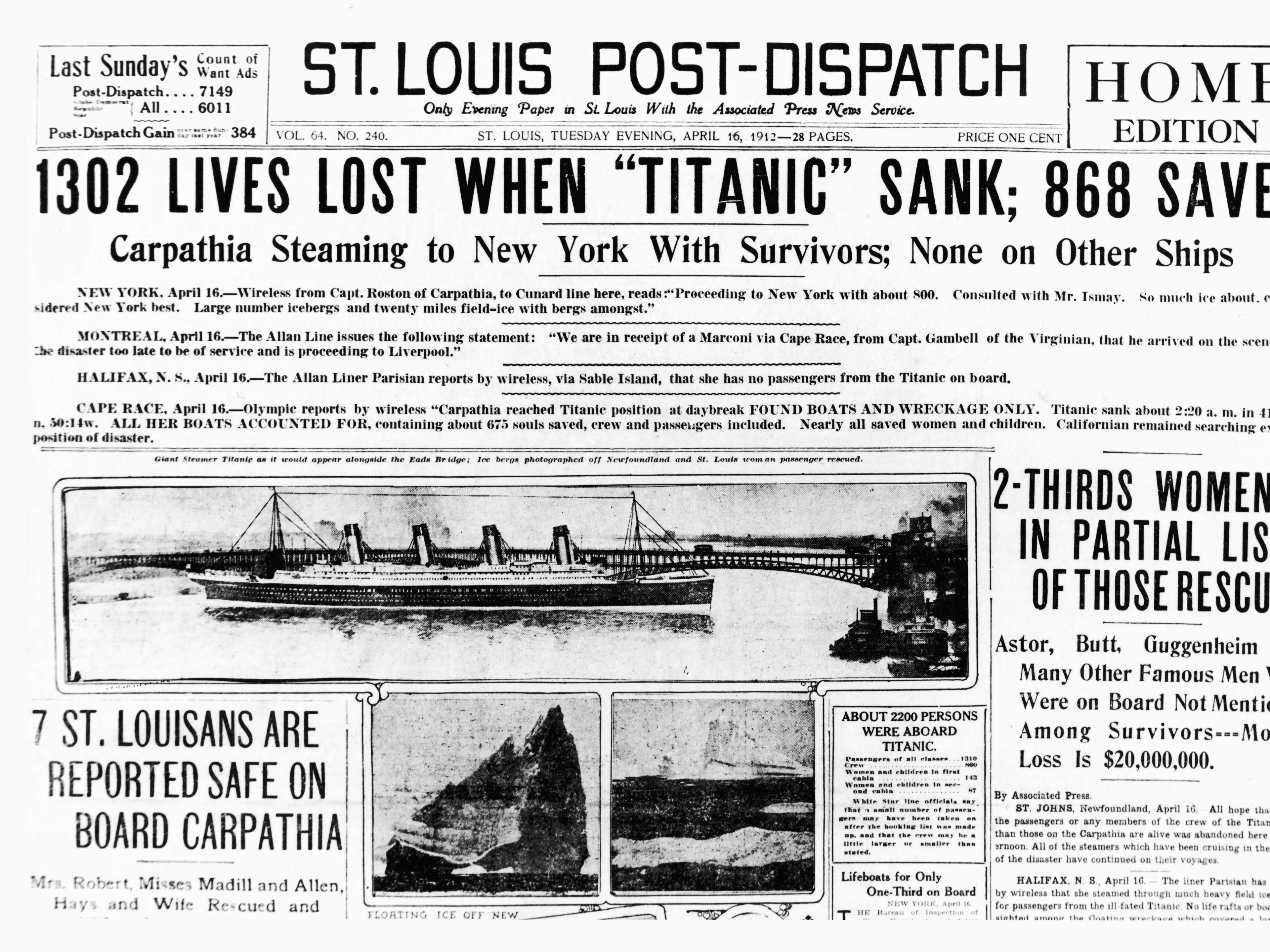 Portada del St.Louis Post-Dispatch del 16 de abril de 1912.