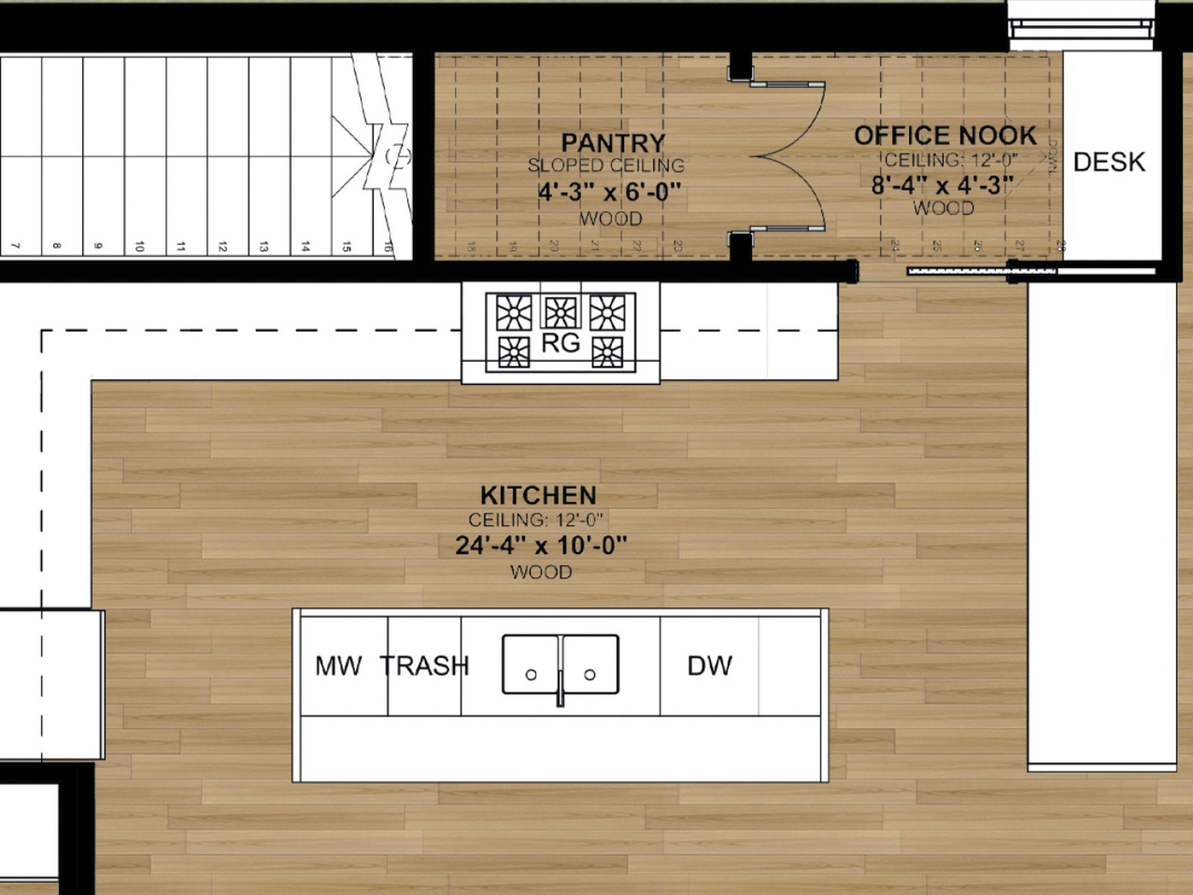 Uno de los planos de una casa de Verdant Studio, que tiene una oficina dentro de la despensa de la cocina.