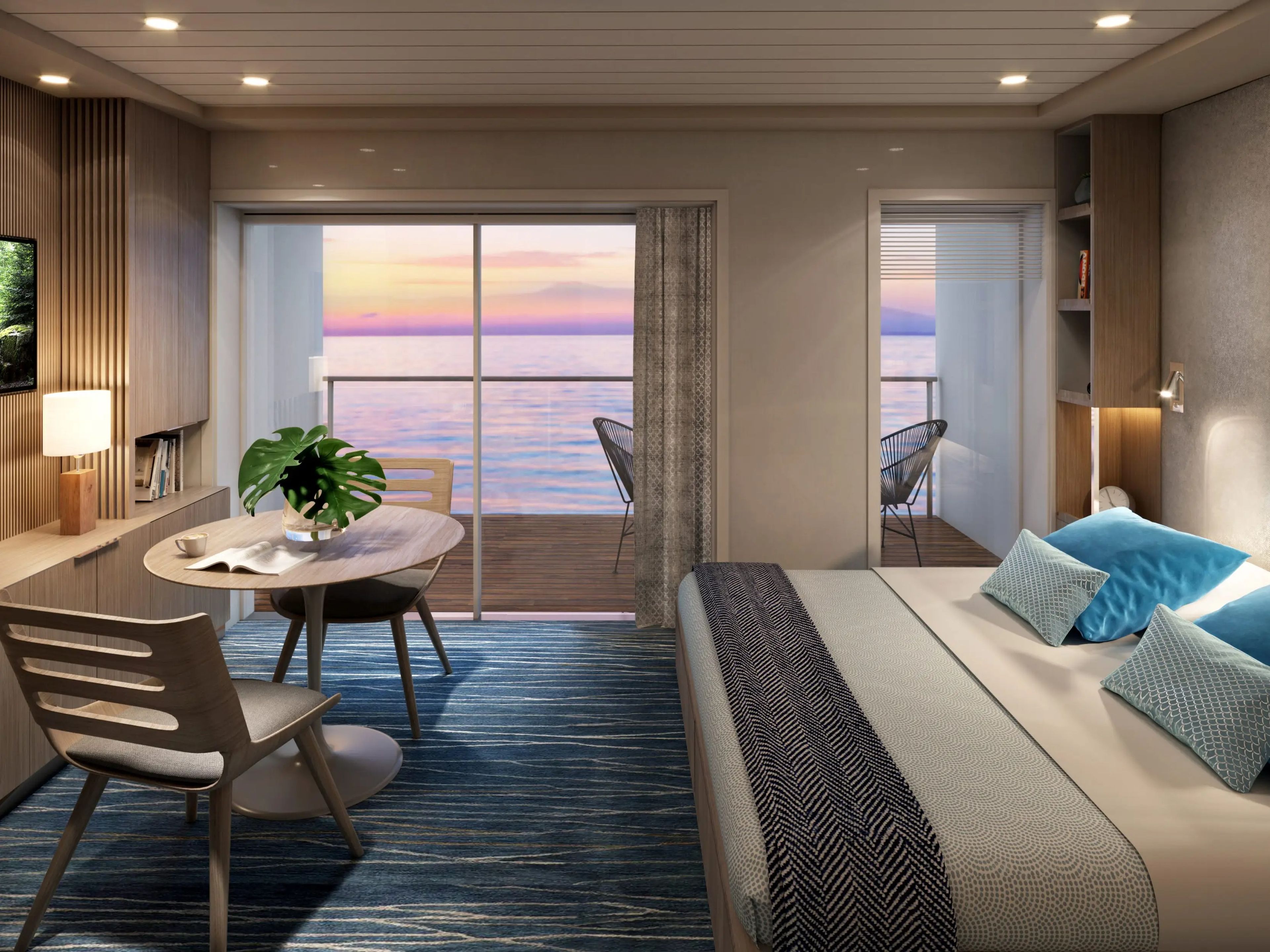 A rendering of a residential cruise ship cabin with a made bed and a sunset in the background.