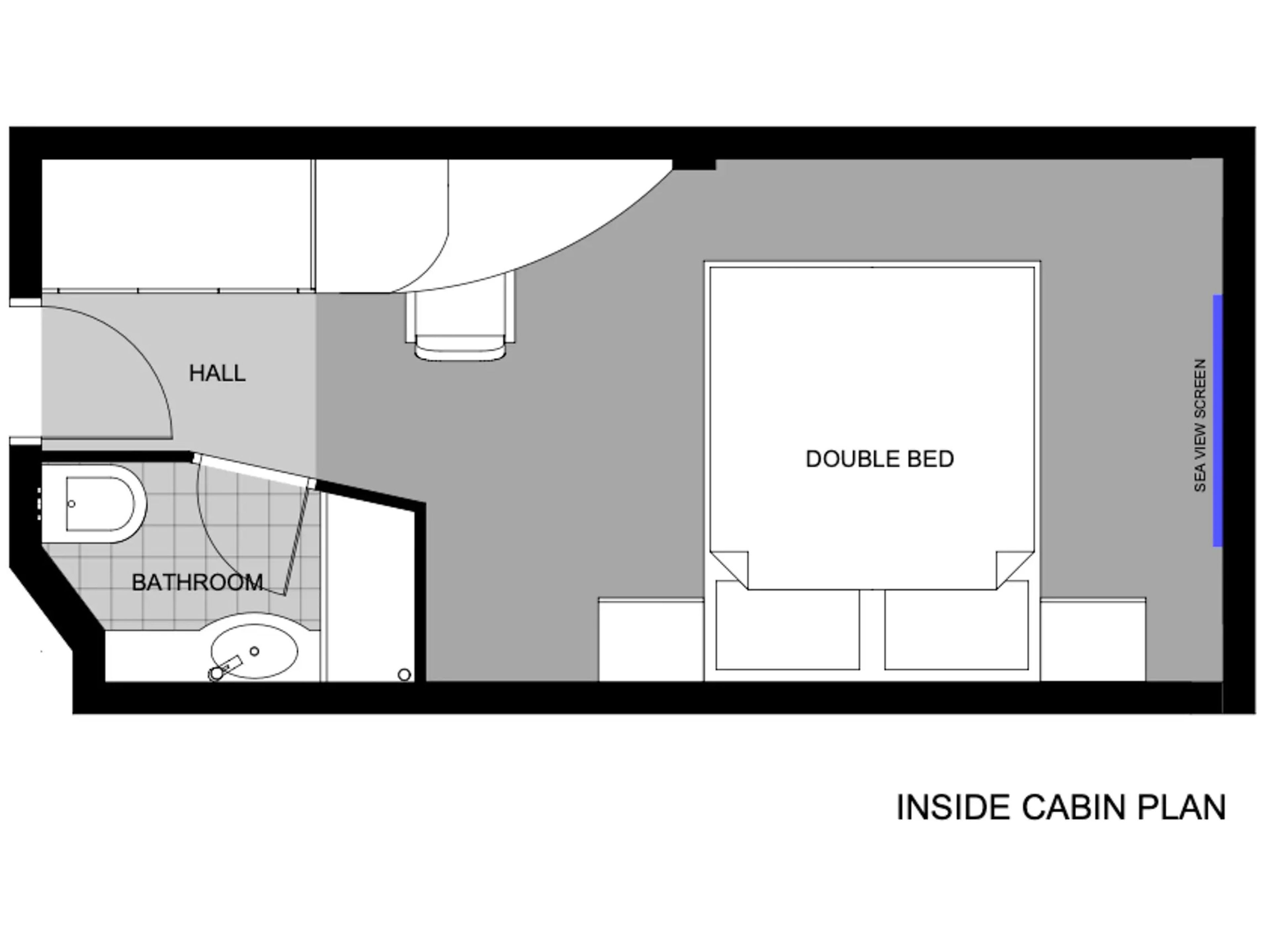 A rendering of a stateroom layout aboard the MV Gemini with Life at Sea Cruises