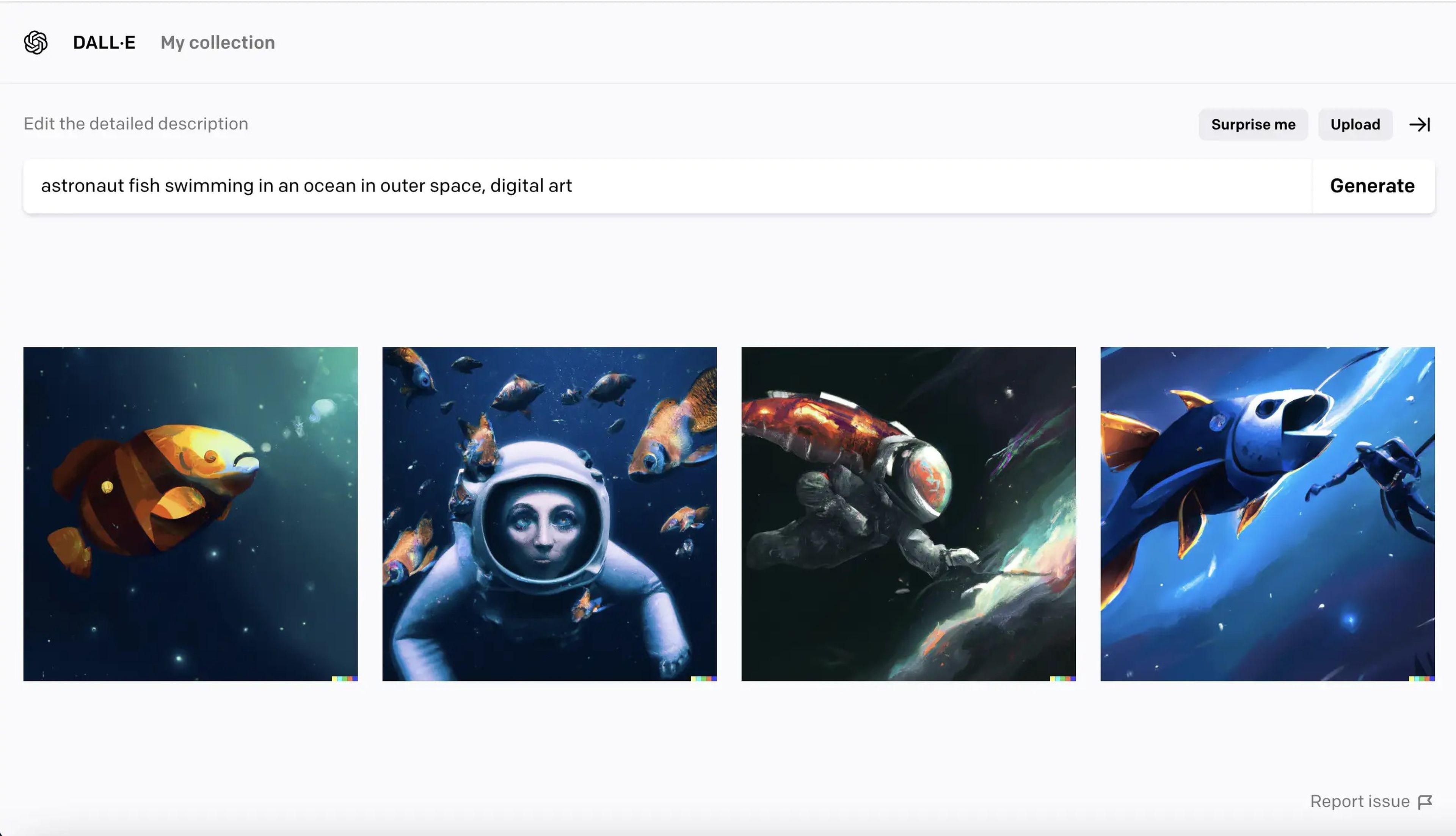 Una captura de pantalla de DALL-E que muestra los resultados de la búsqueda: "Pez astronauta nadando en un océano del espacio exterior, arte digital".