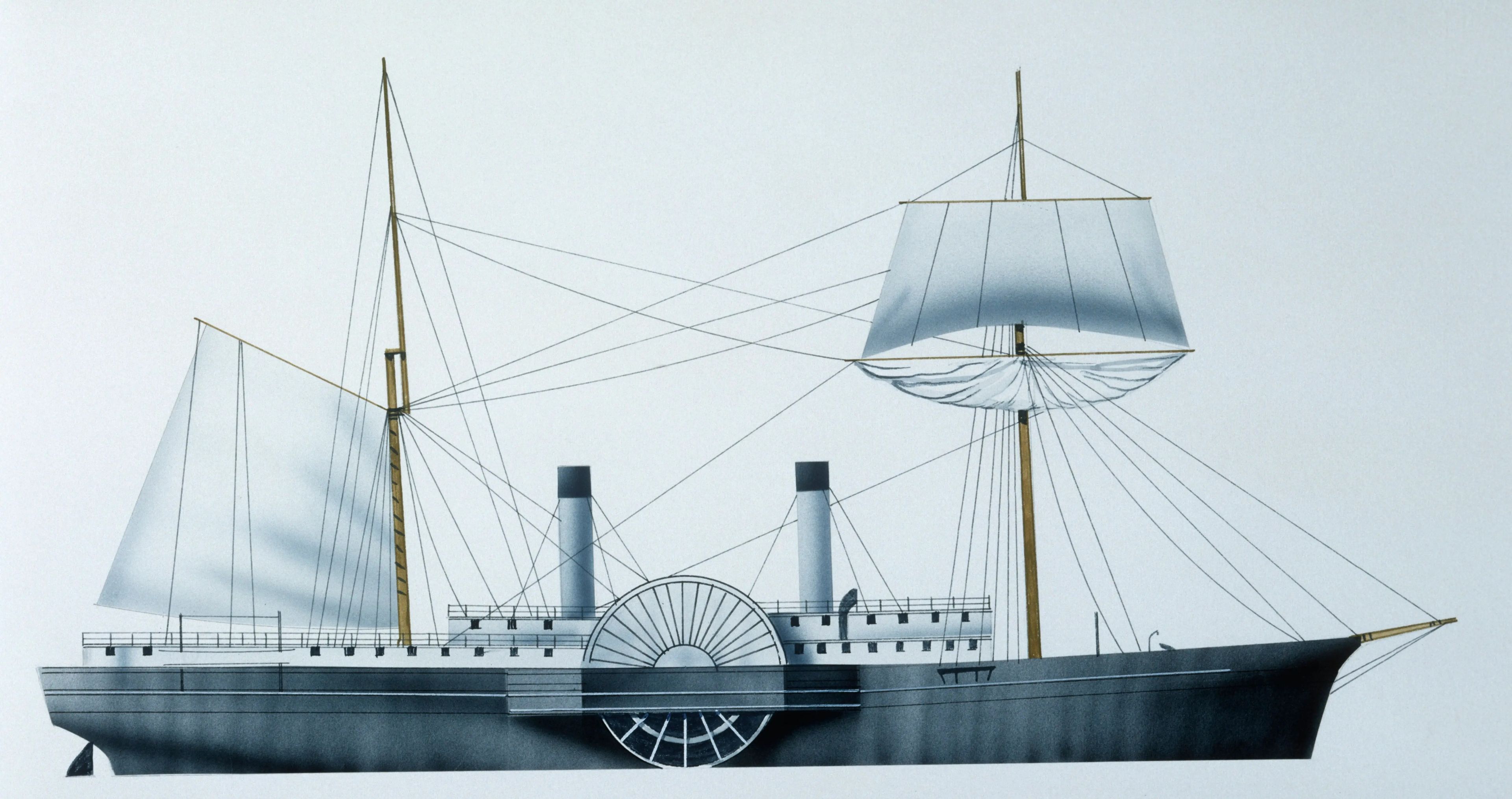 Estados Unidos, vapor de rueda lateral de la Armada de la Unión USS Quaker City, 1854, ilustración en color.