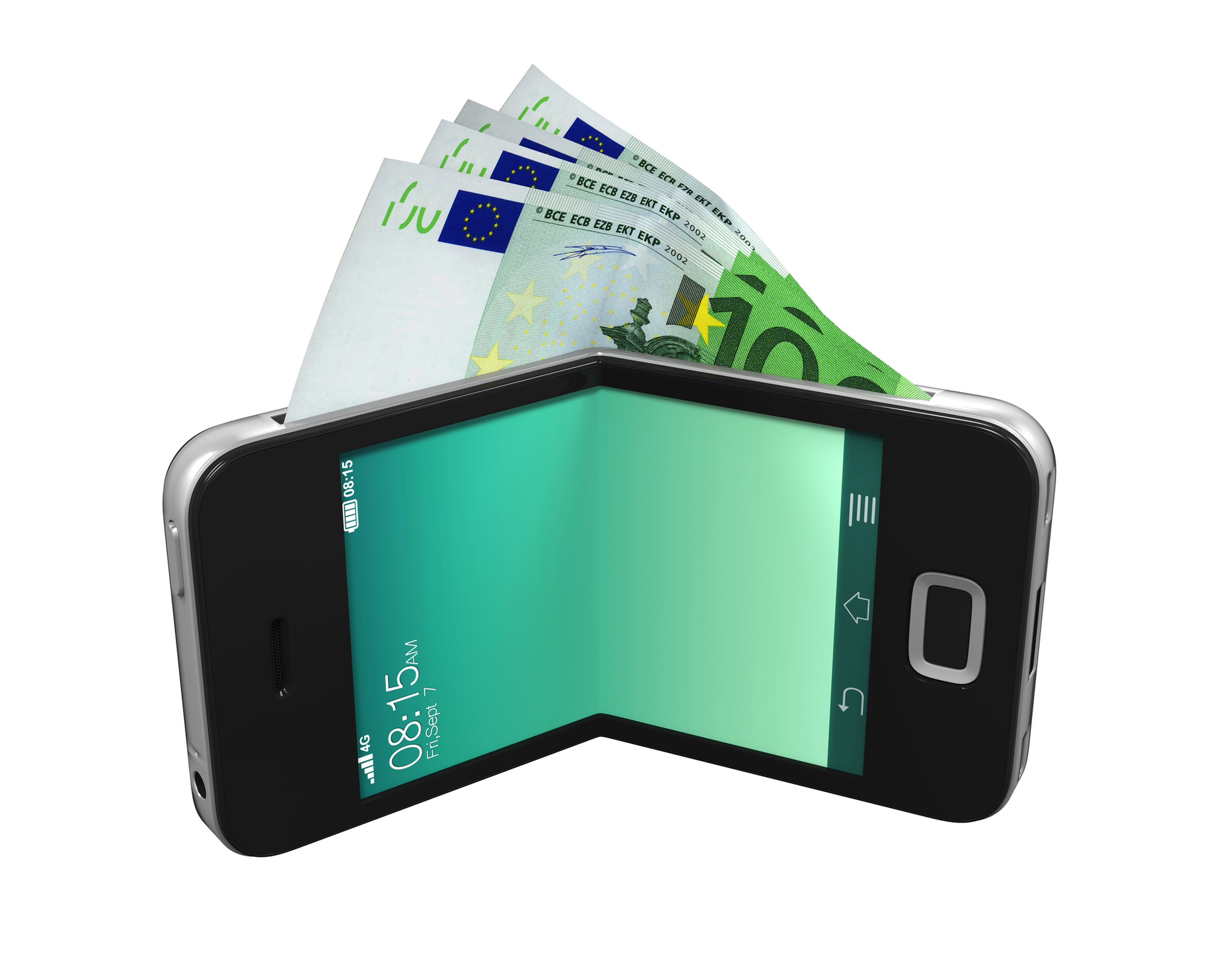 Varios billetes de 100 euros salen de un teléfono móvil.