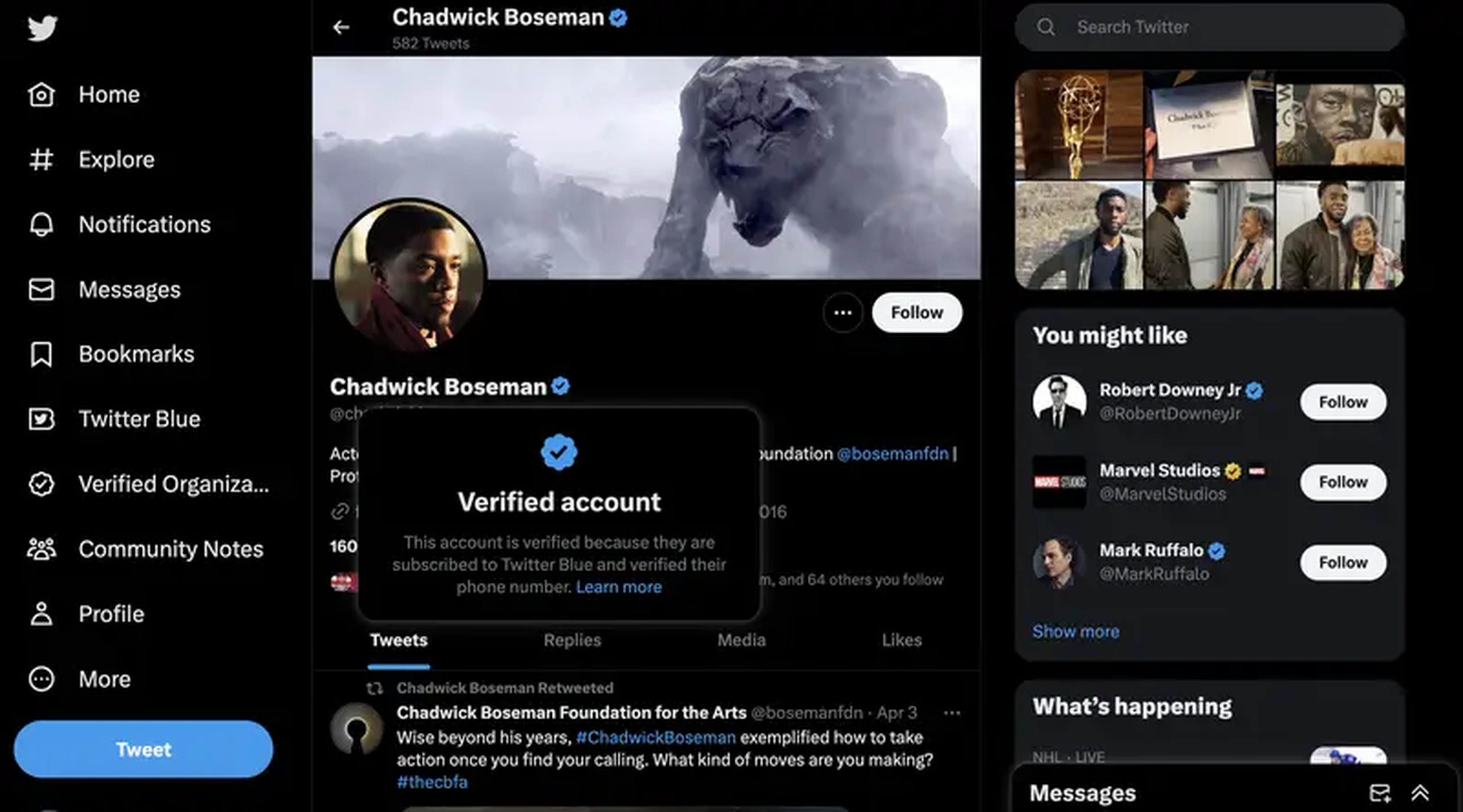 La cuenta de Twitter de Chadwick Boseman, con el 'check' azul de suscripción Twitter Blue añadido a título póstumo.