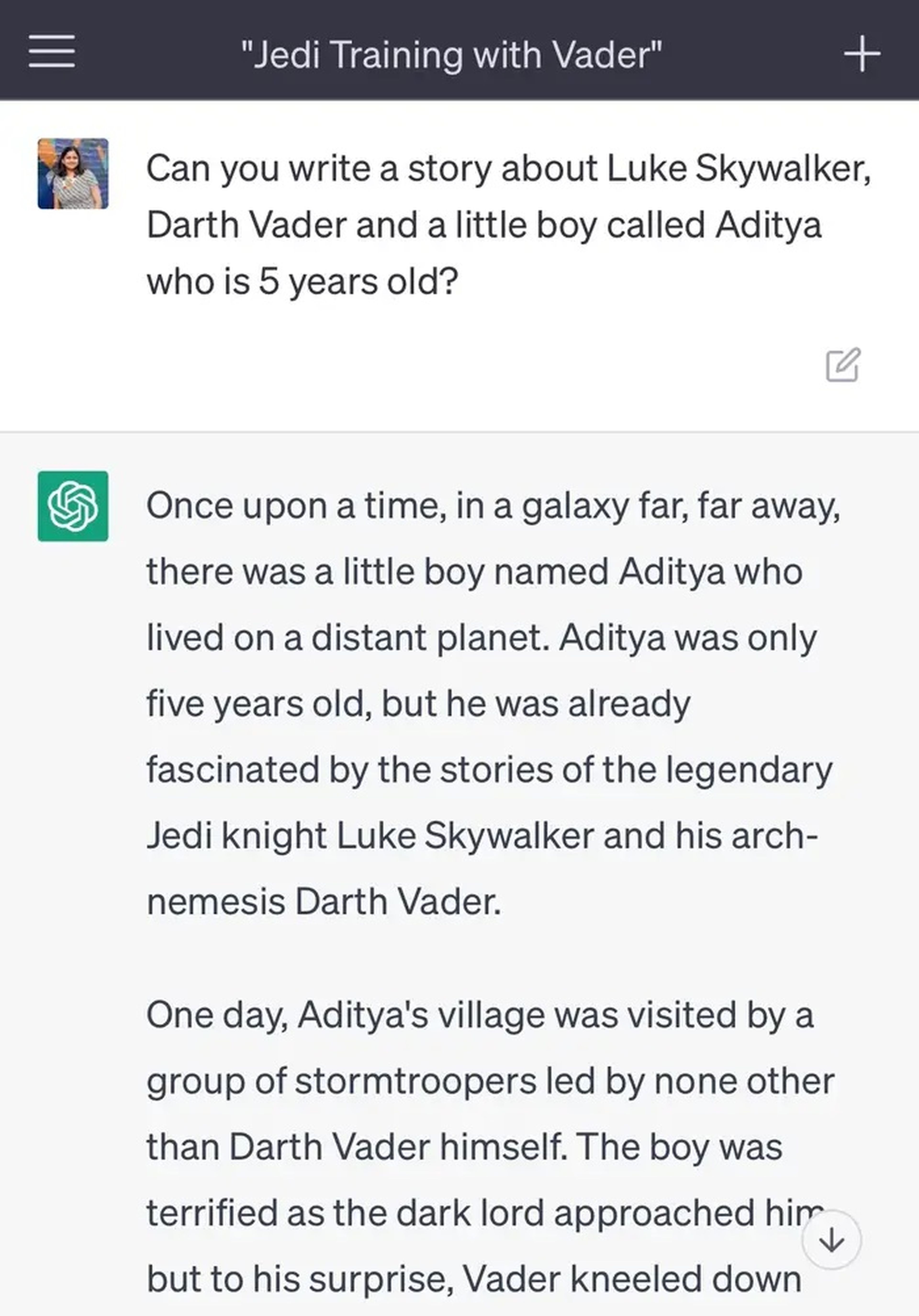 "¿Puedes escribir un cuento sobre Luke Skywalker, Darth Vader y un niño de 5 años llamado Aditya?". 