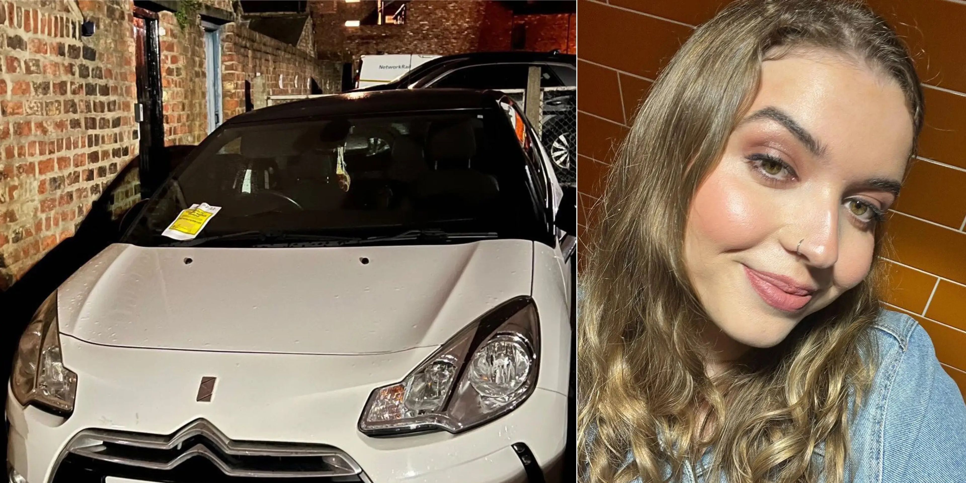 La estudiante Millie Houlton y su coche multado.