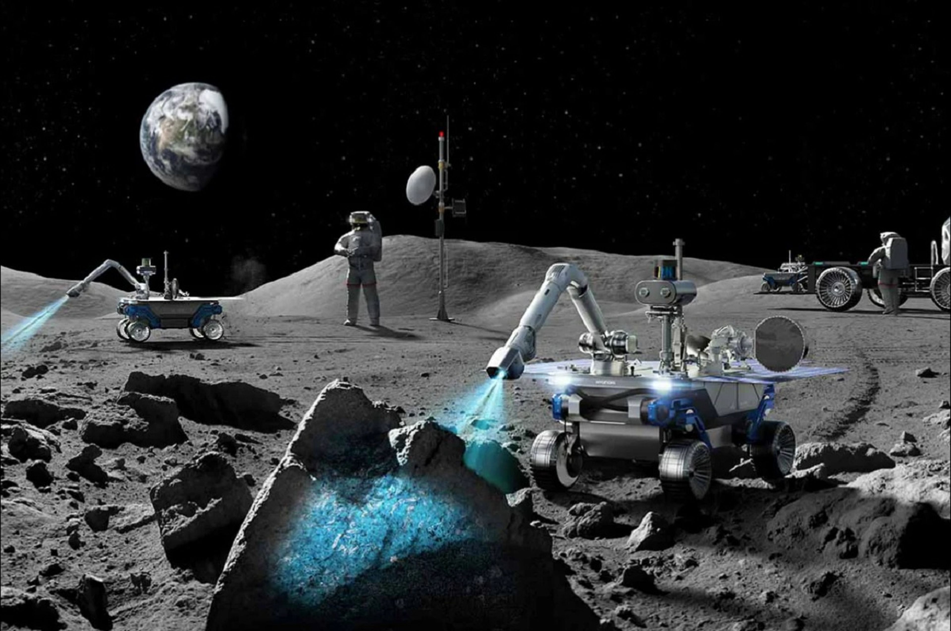 Un montaje del vehículo autónomo de Hyundai en la Luna.