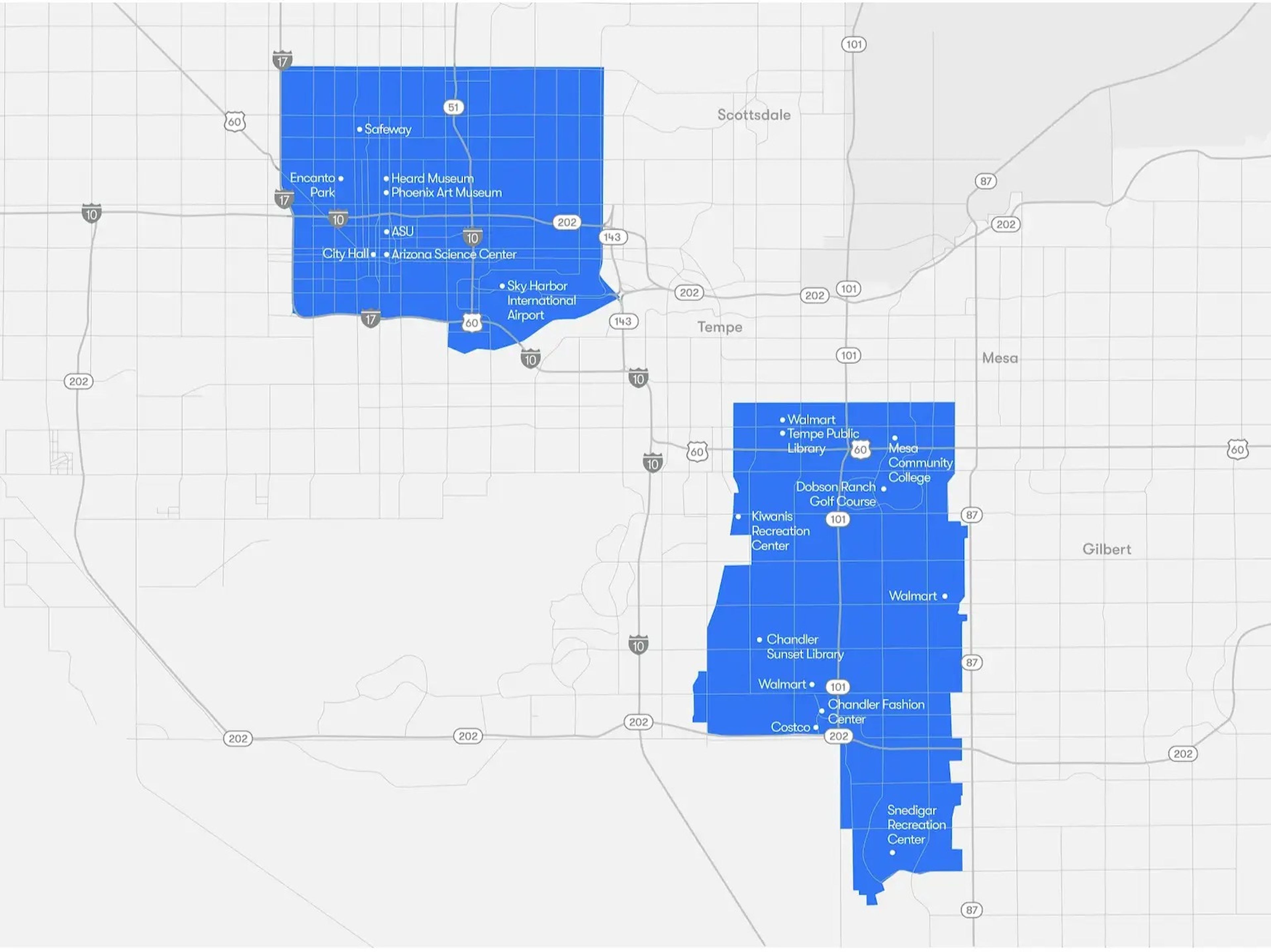 Las zonas delineadas en azul son las áreas de servicio de Waymo.