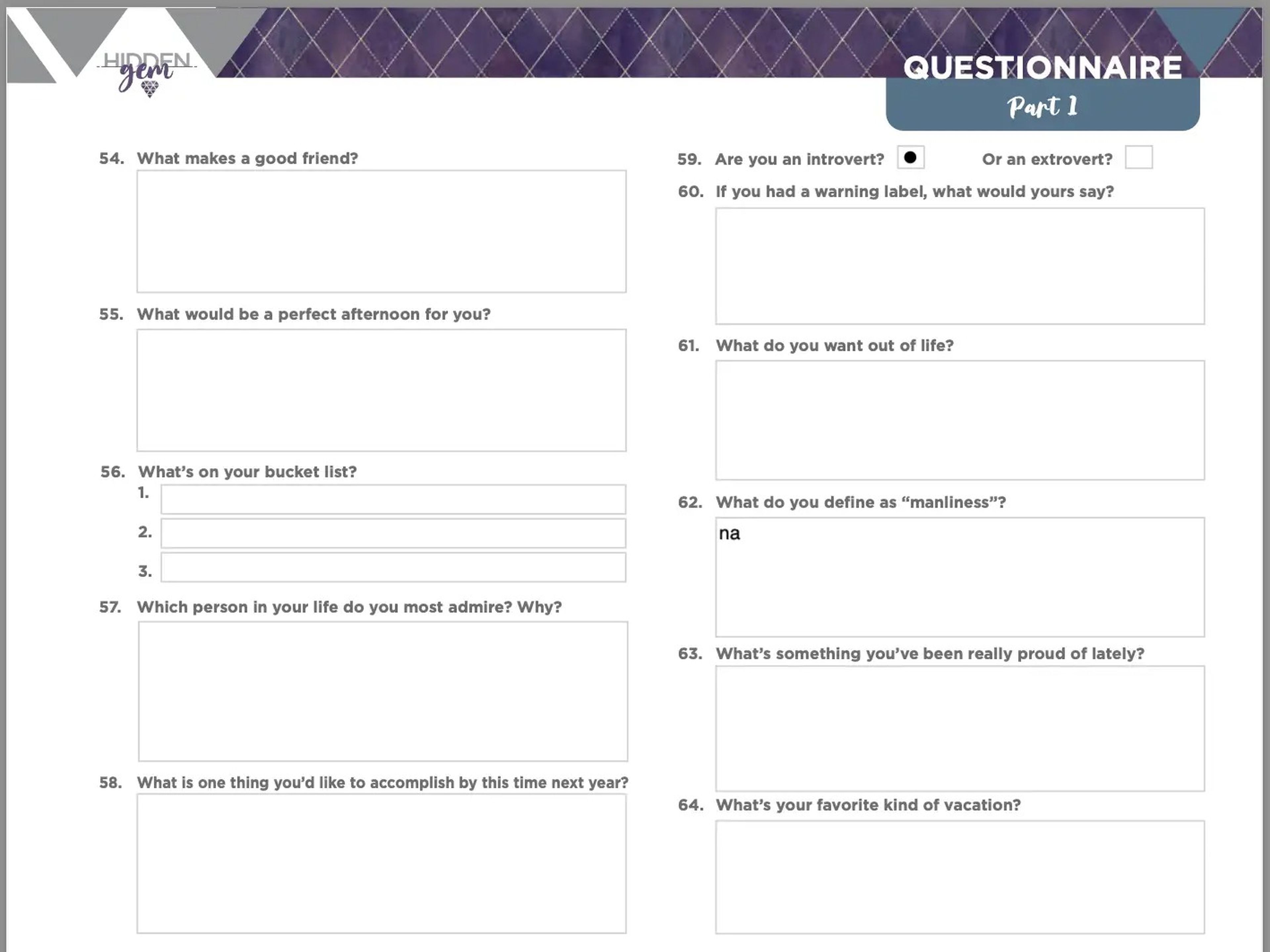 Cuestionario que Lydia Kociuba envía a sus clientes para empezar a redactar sus perfiles en las aplicaciones de citas.