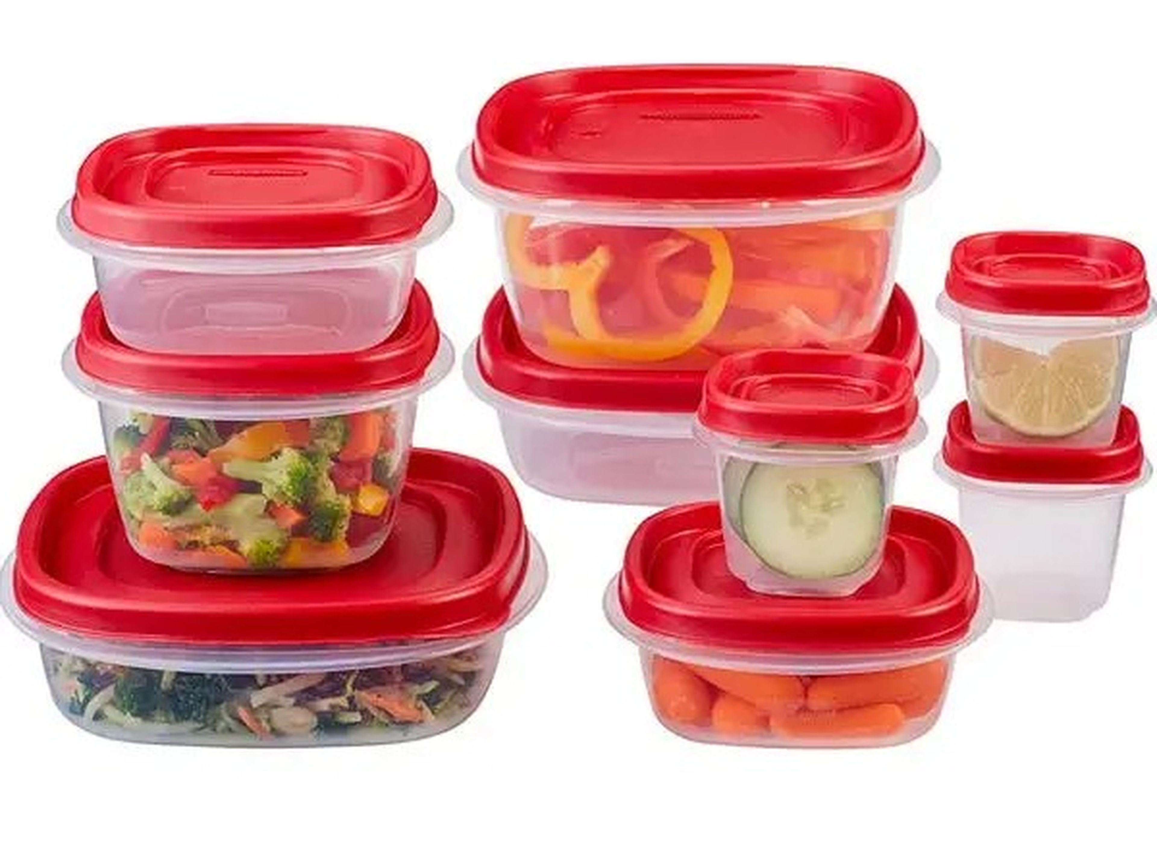 The Rubbermaid 18-piece tupperware set filled with different food items.