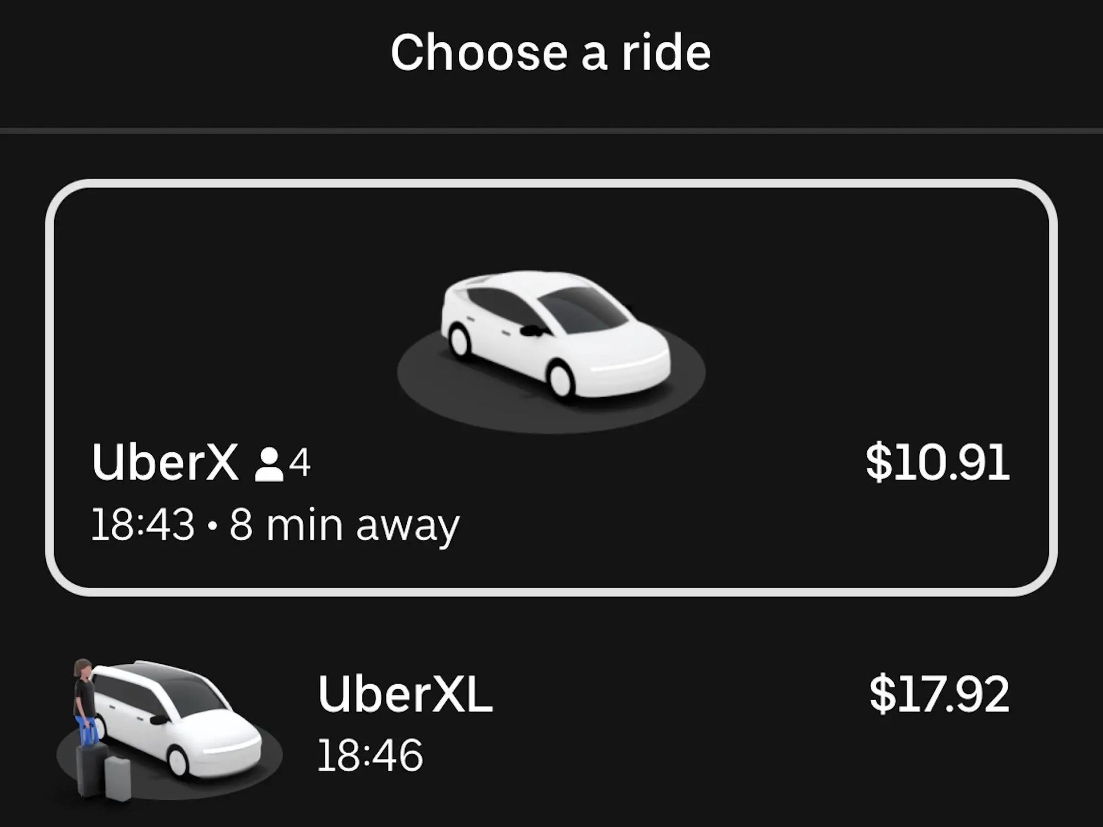 Una captura de pantalla de la aplicación Uber con la misma ruta.