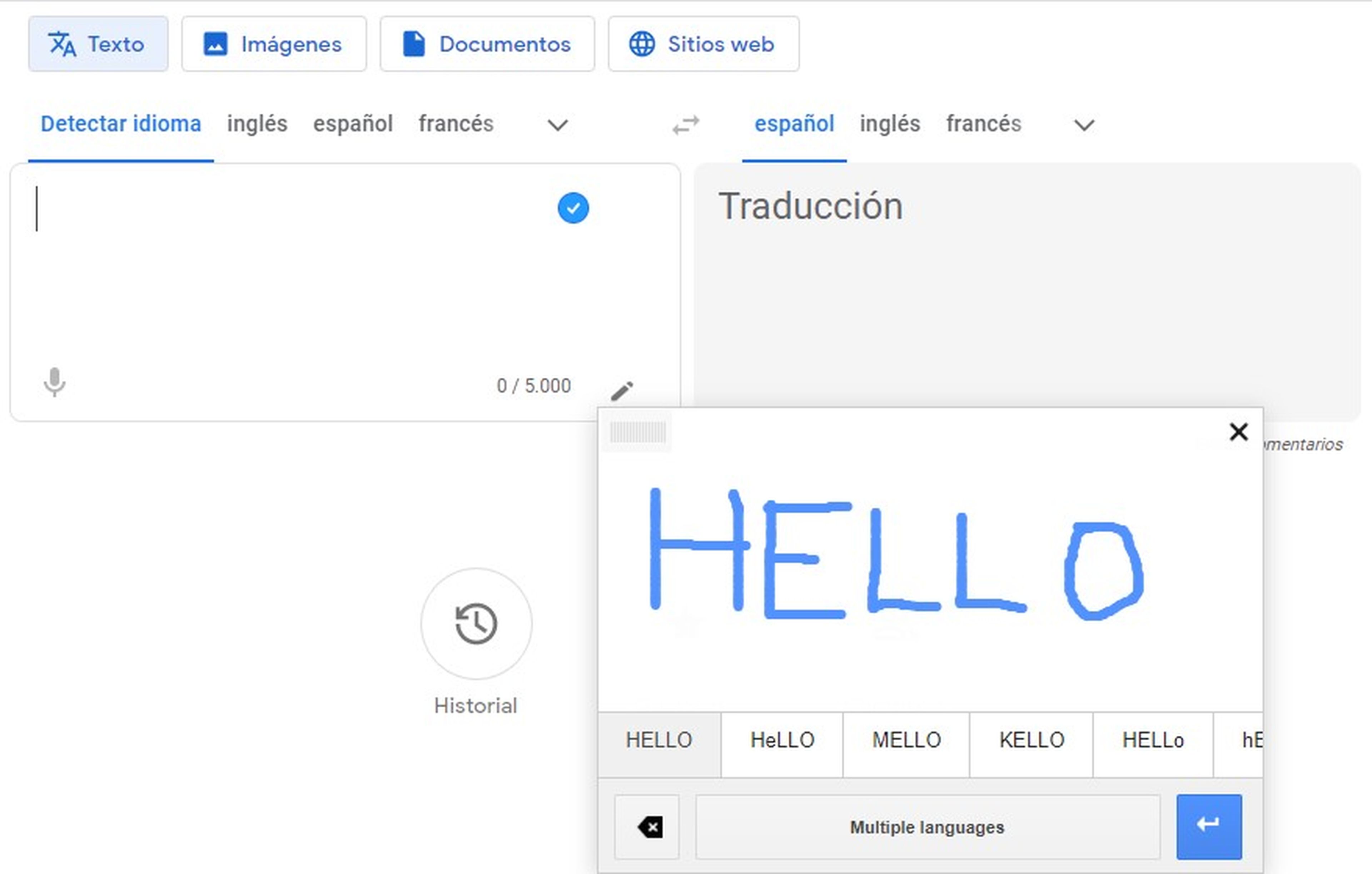 Traductor Google, escritura a mano