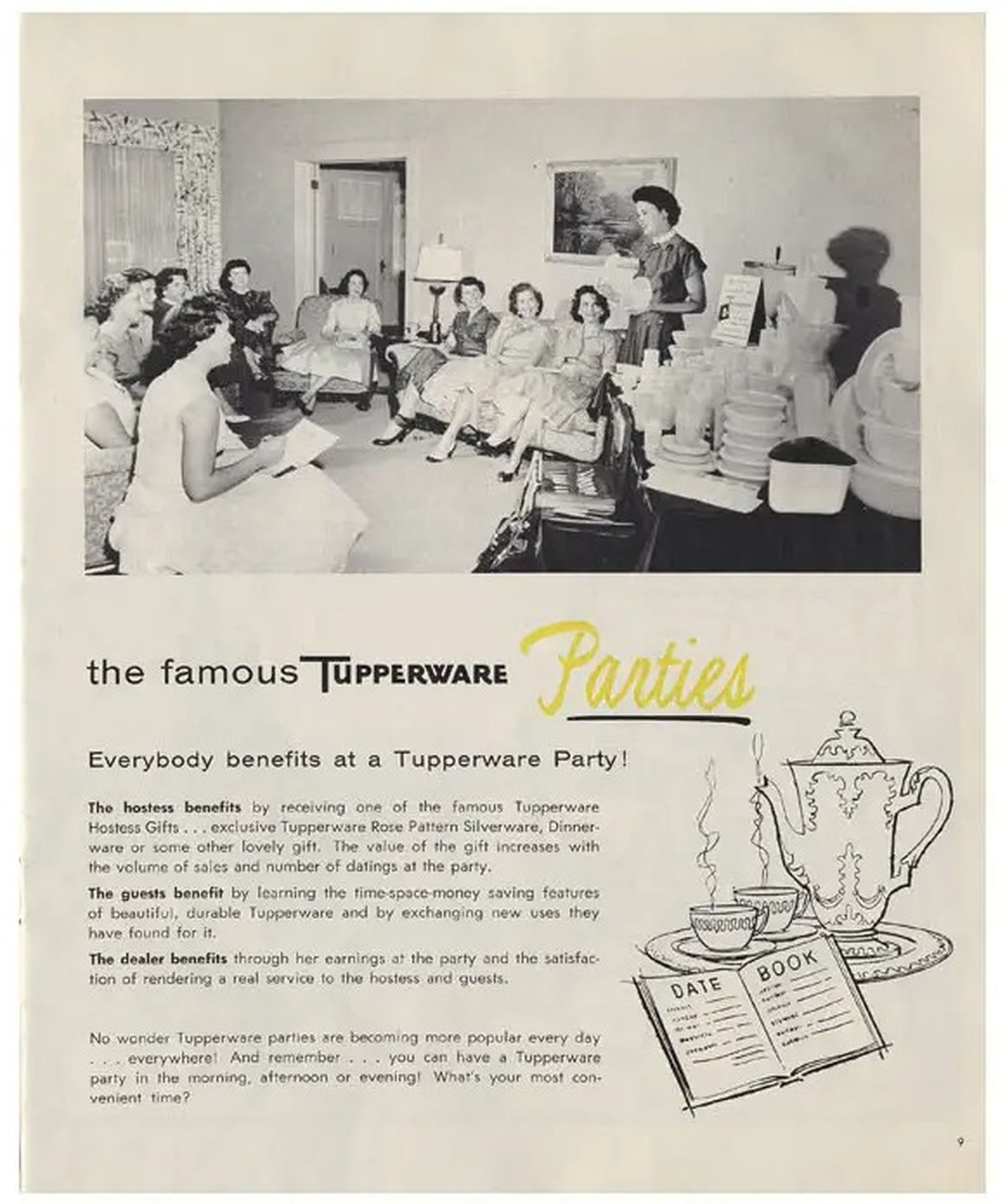 A Tupperware party ad features a photo of a Tupperware Party and declares "Everybody benefits at a Tupperware Party!"