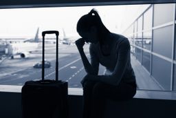 Aeropuerto, mujer preocupada con maleta