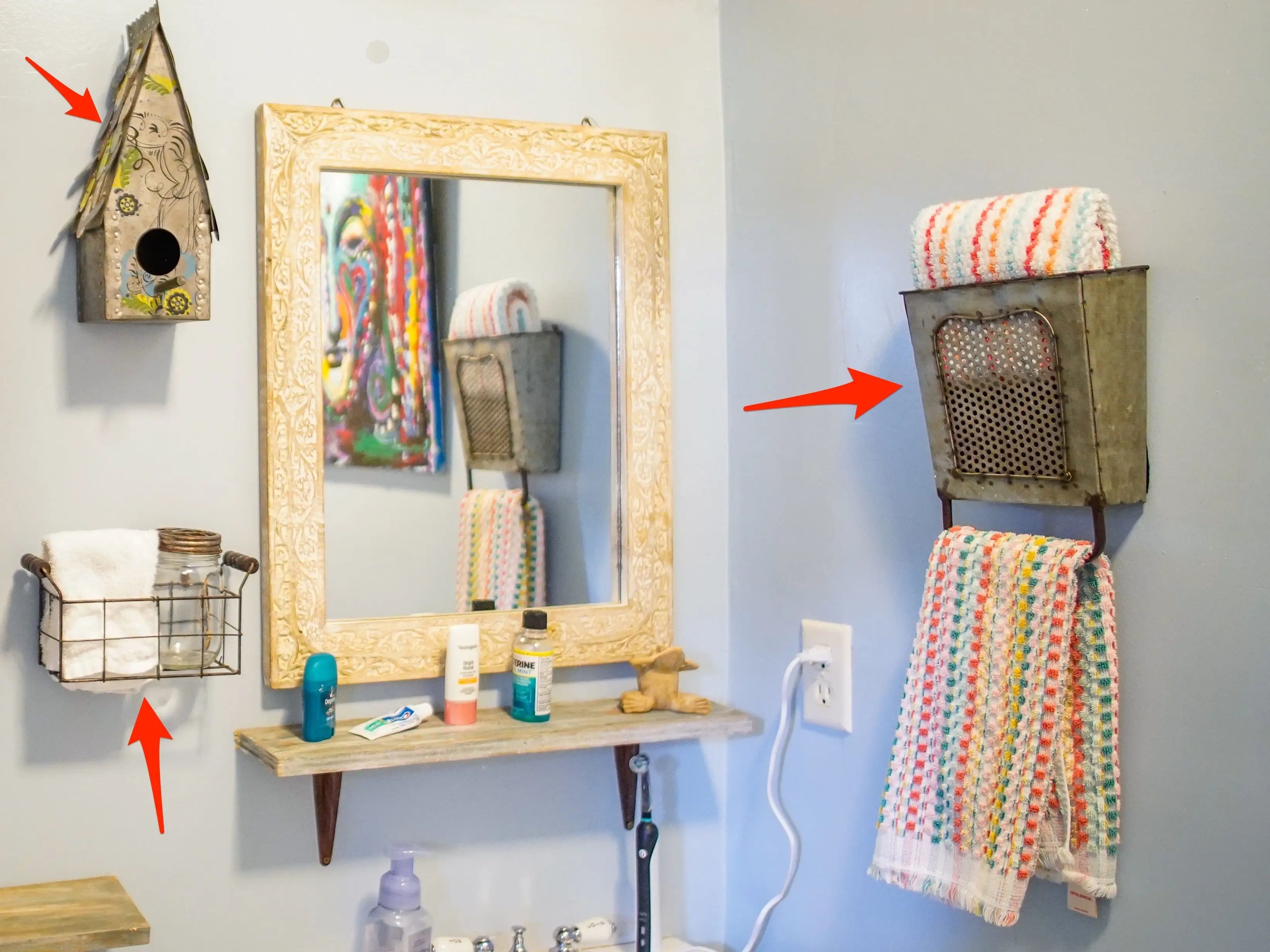 Arrows point to space saving hacks in the tiny home