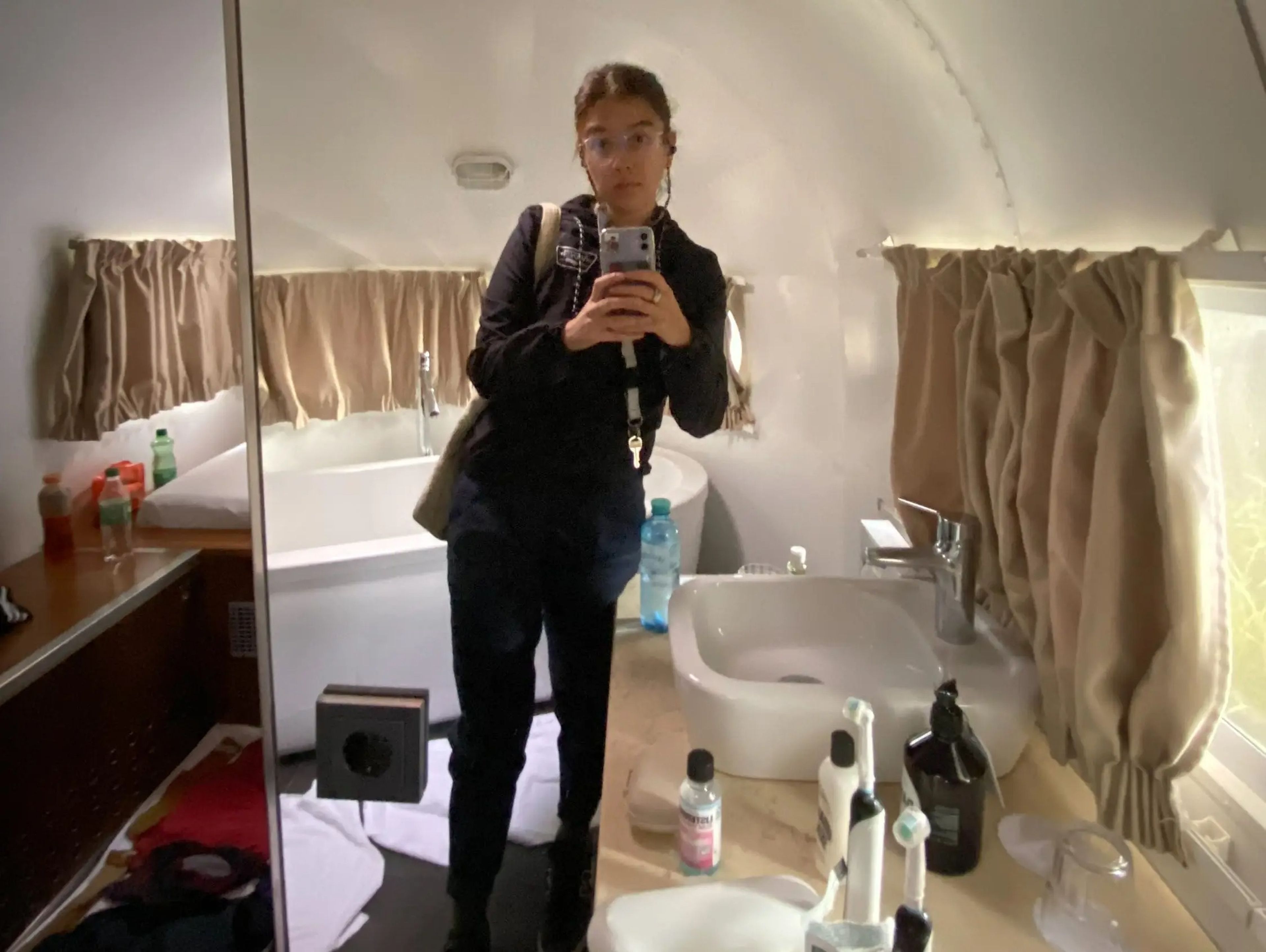 The author Inside the airstream trailer.