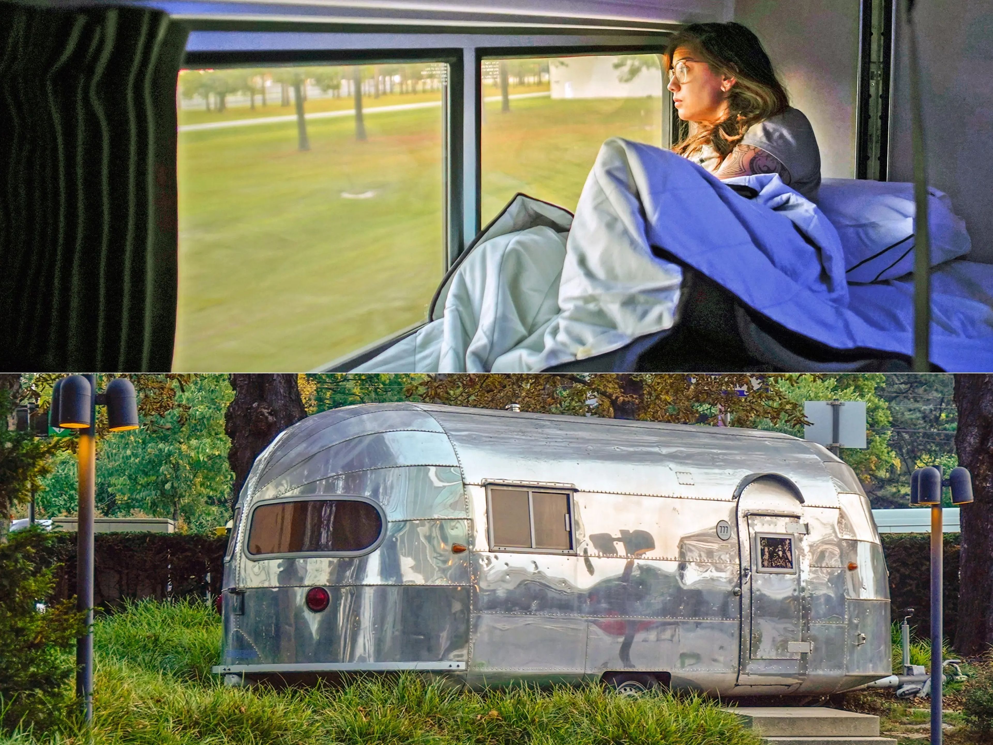 La autora en un tren-cama (arriba). Una casa remolque Airstream que la autora reservó (abajo).