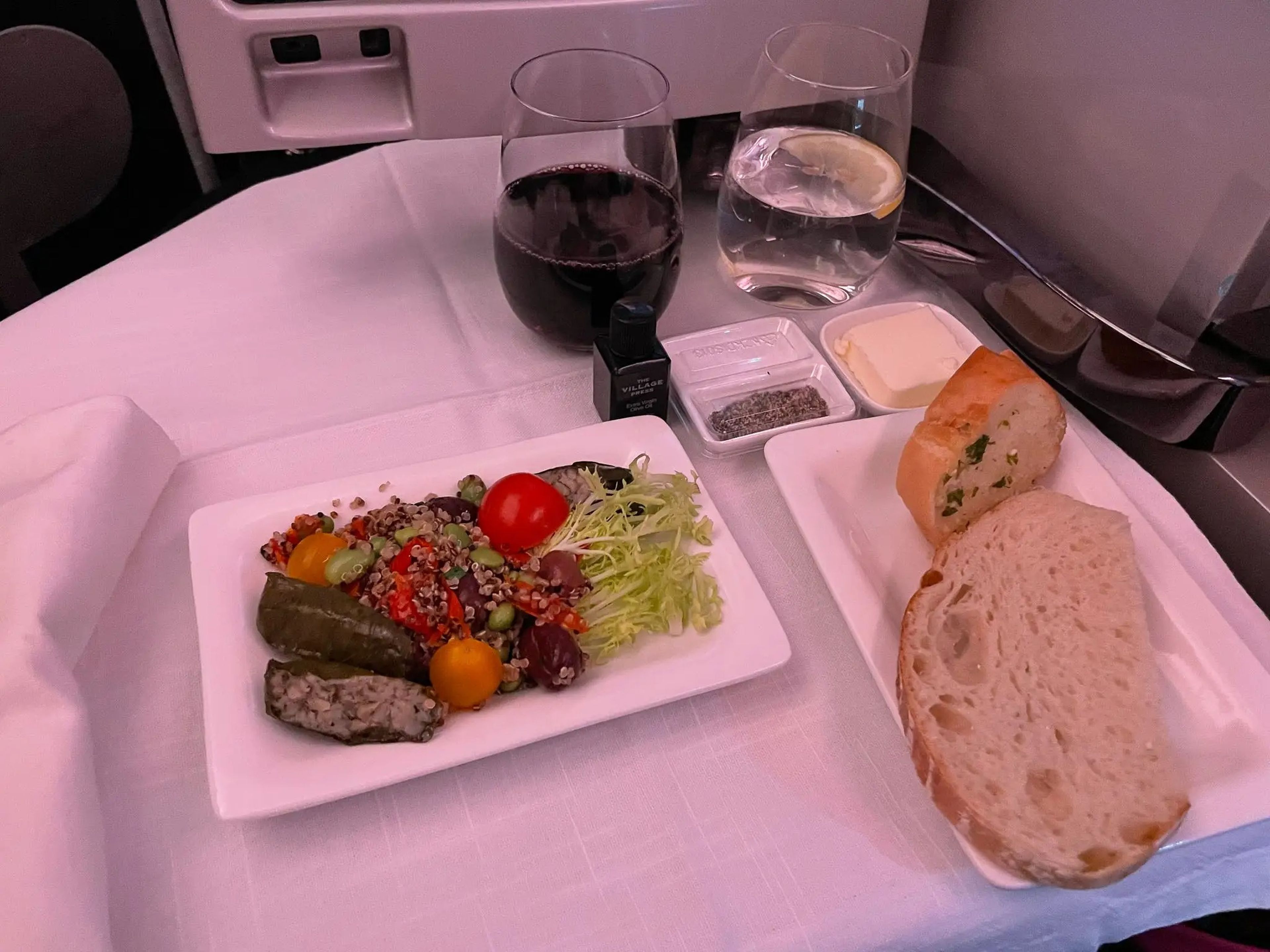 The author's first-course meal on her Air New Zealand flight.