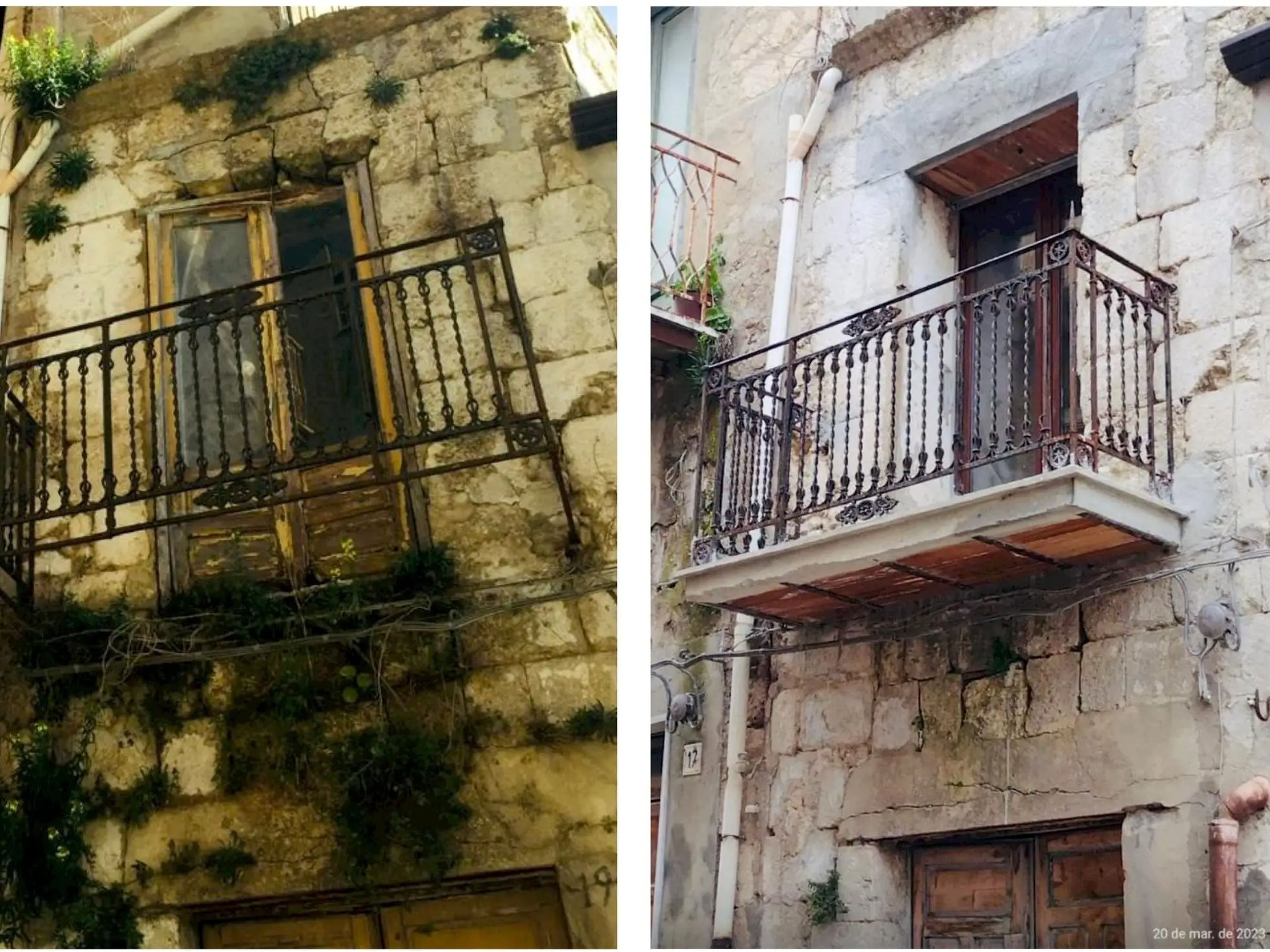 El antes y después de la fachada de una de las casas.