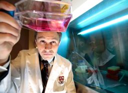 David Sinclair wearing a lab coat while he inspects a clear flask of pink liquid in his lab.