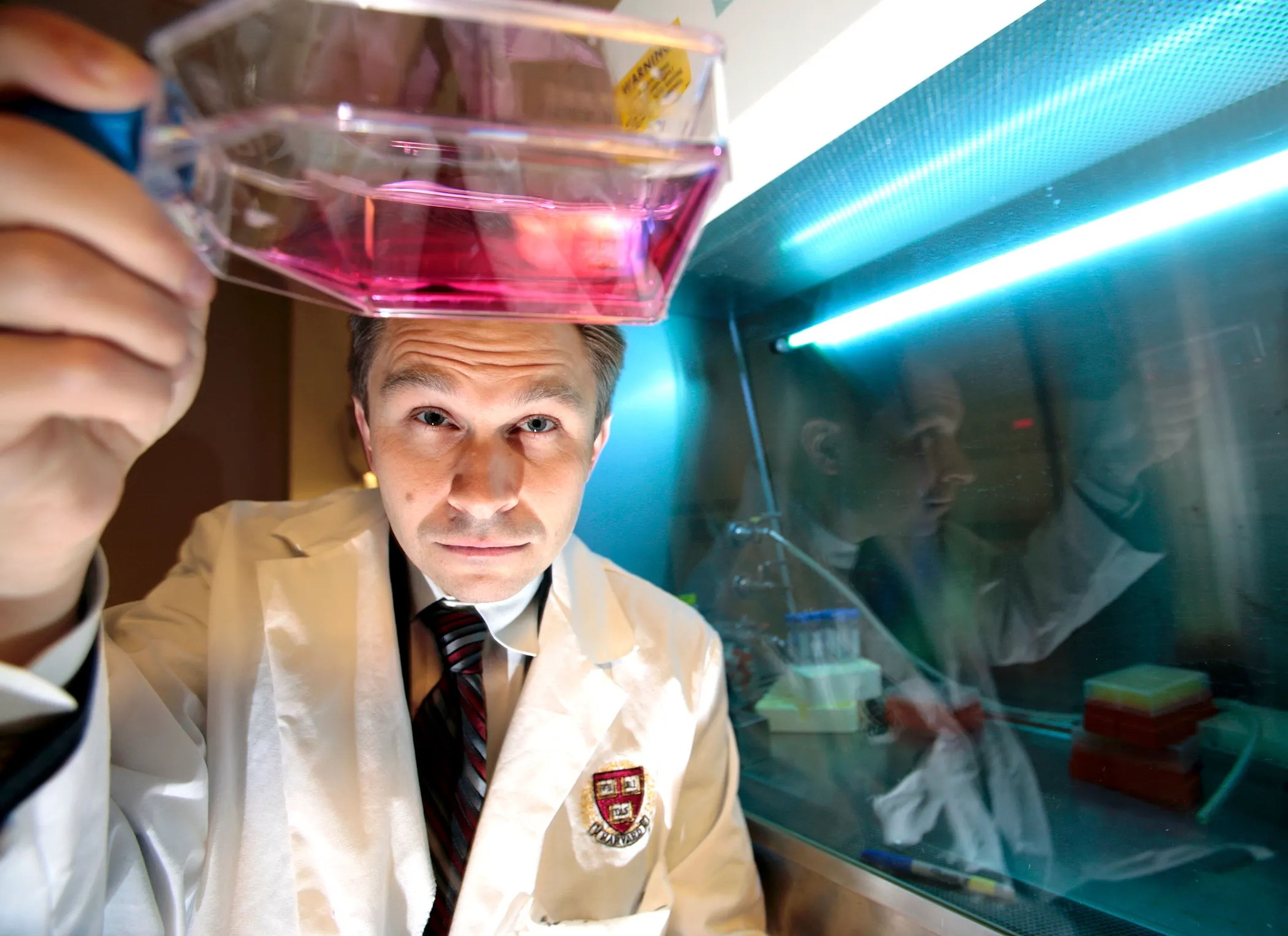 David Sinclair wearing a lab coat while he inspects a clear flask of pink liquid in his lab.