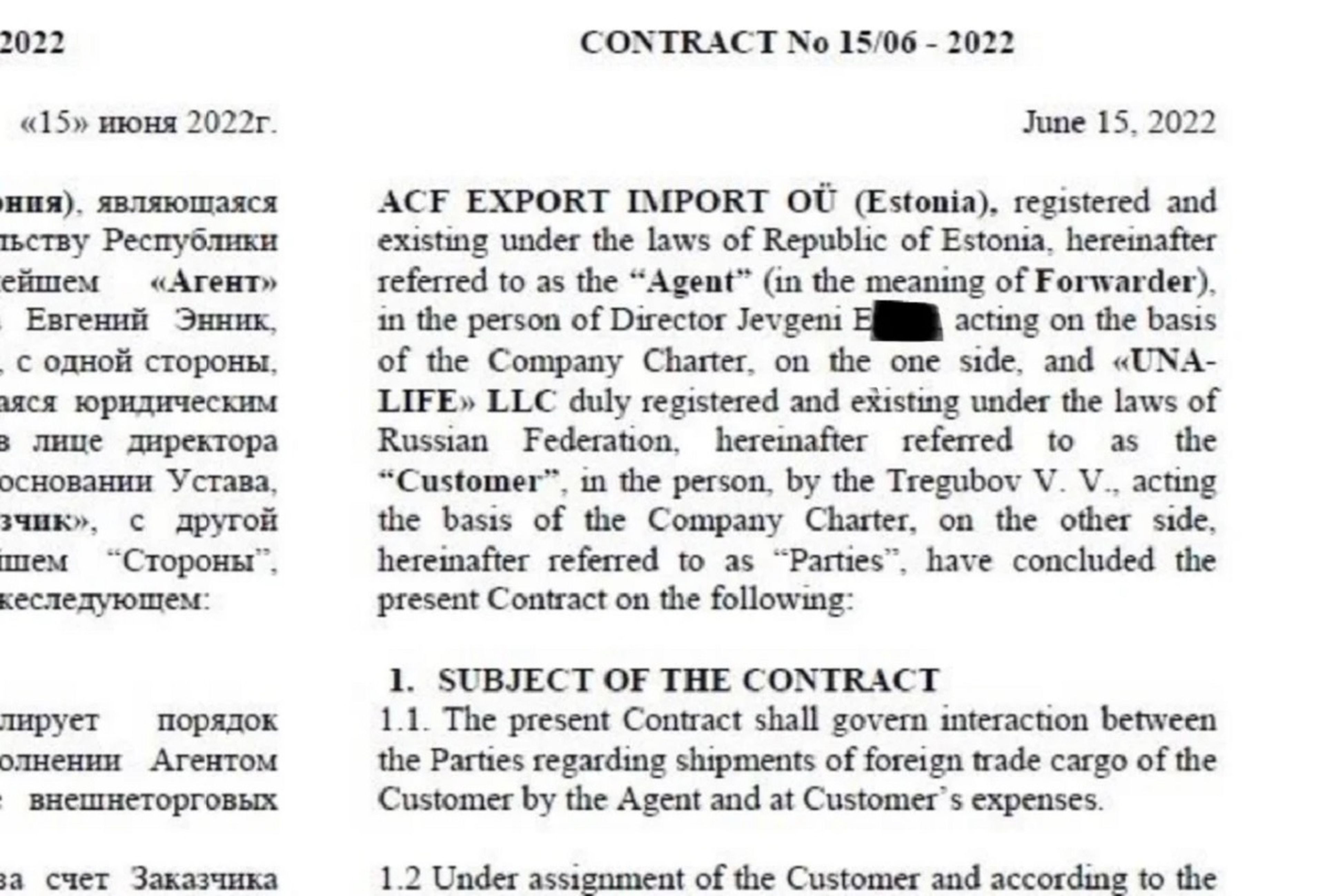 Extracto del acuerdo entre ACF Export Import y la empresa rusa Una Life de fecha 15 de junio de 2022. 