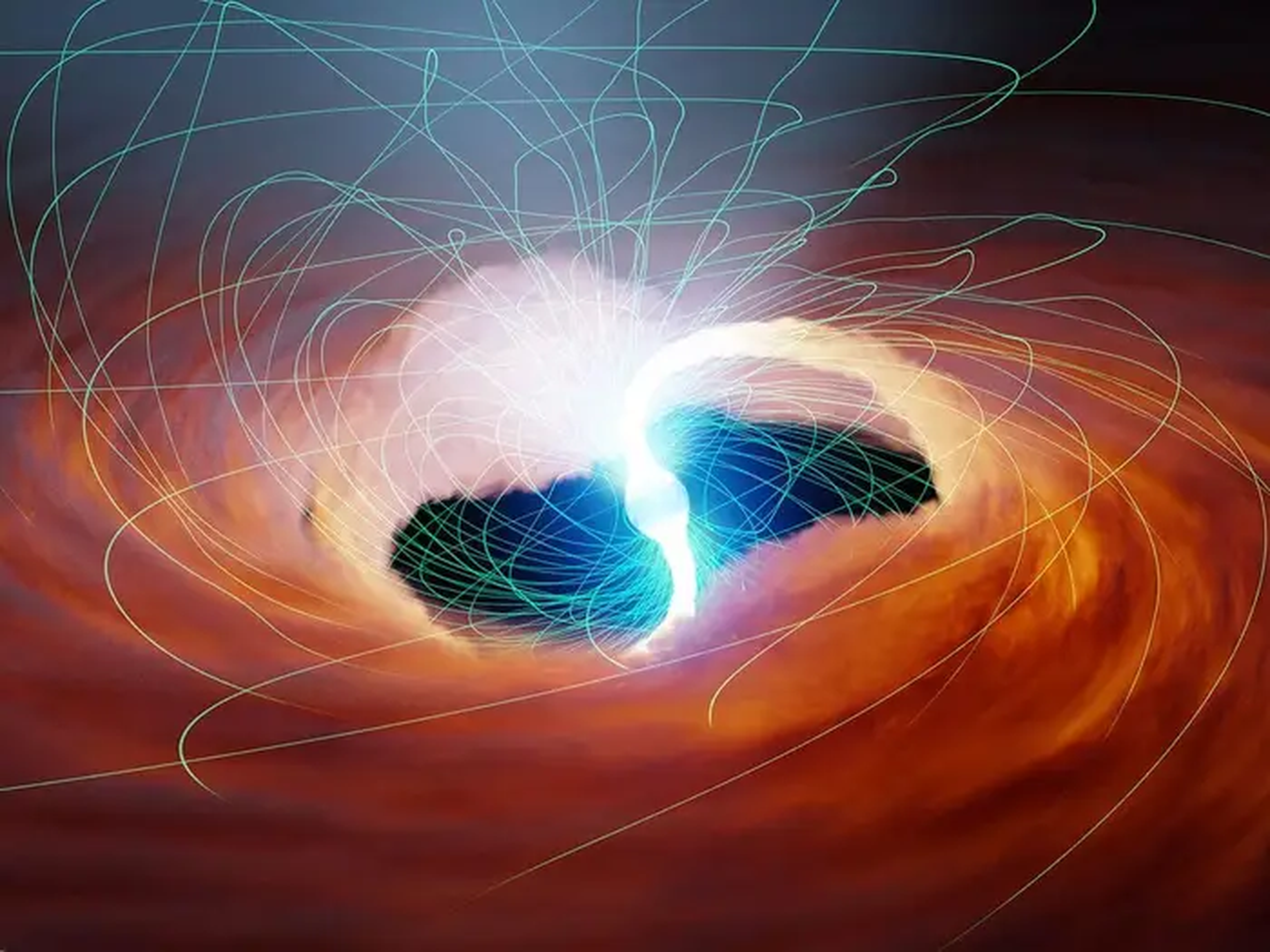 En esta ilustración de una ULX, el gas caliente es arrastrado hacia una estrella de neutrones. Los fuertes campos magnéticos que emergen de la estrella se muestran en verde.