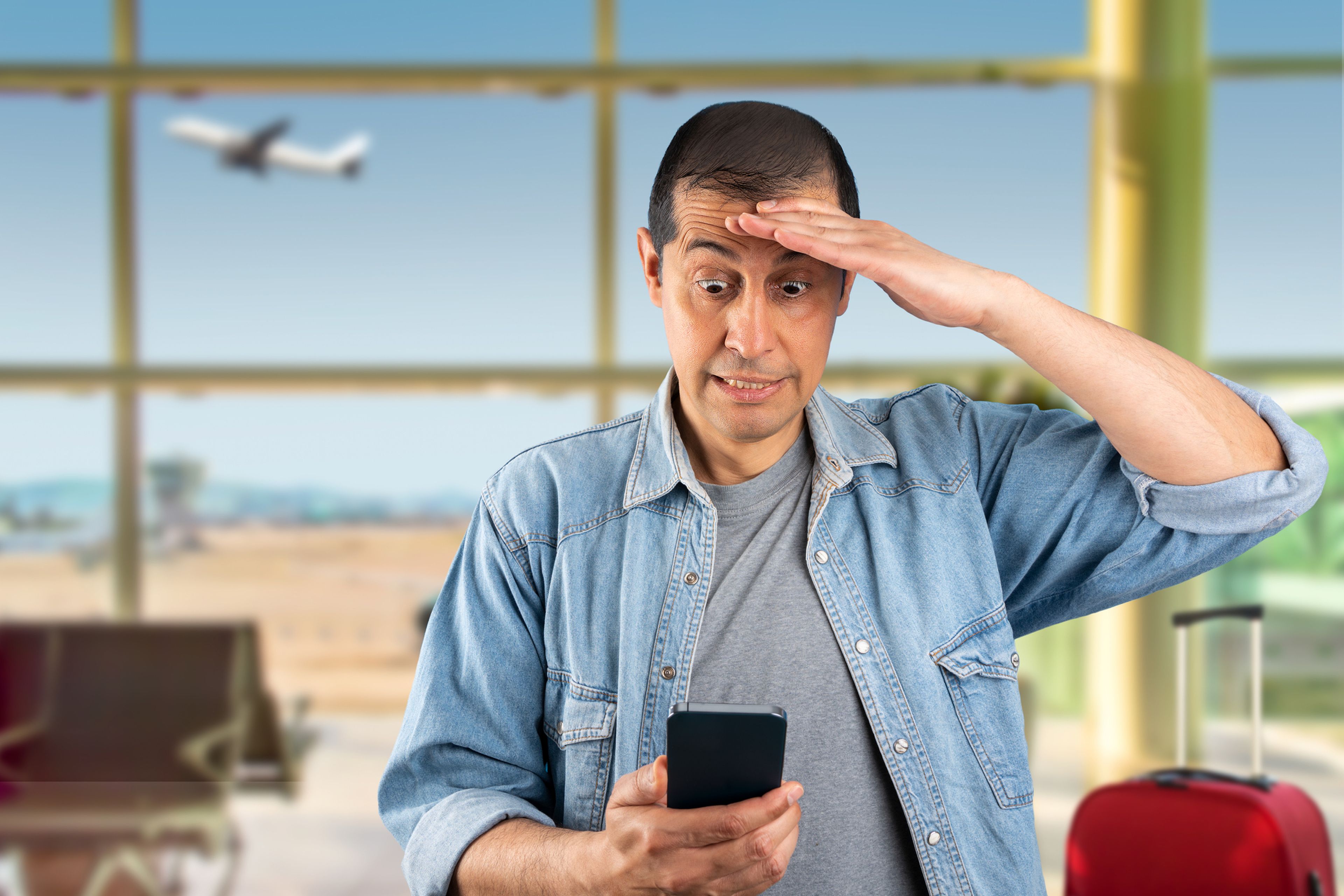 Hombre preocupado, con un móvil, en el aeropuerto