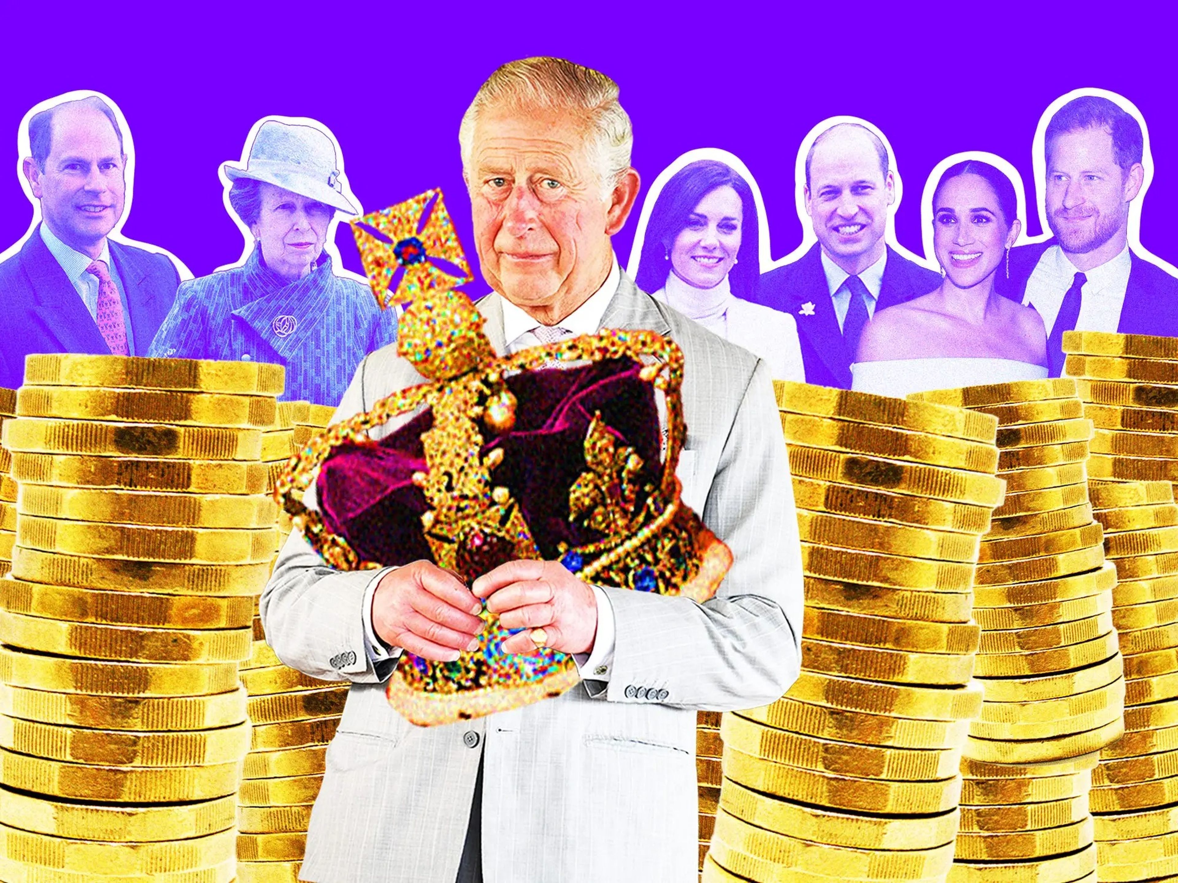 King Charles holds an englarged version of the crown in his arms. Behind him are stacks of gold coins, with Prince Edward, Princess Anne, Kate Middleton, Prince William, Meghan Markle and Prince Harry shown behind the coins.