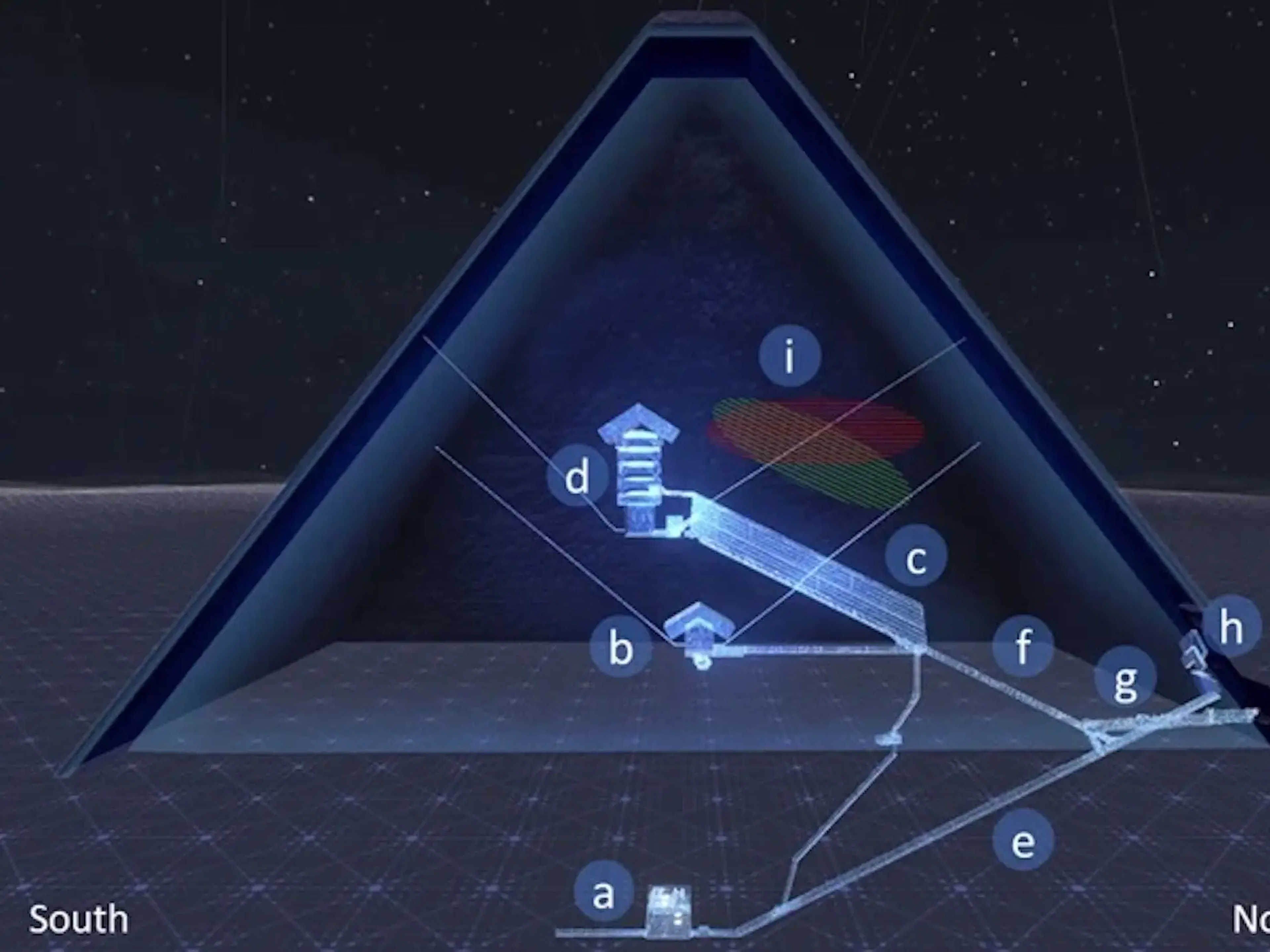 Un diagrama de la pirámide de Guiza muestra que solamente hay unos pocos pasillos —en lugar de un laberinto— que conducen a la cámara real. 