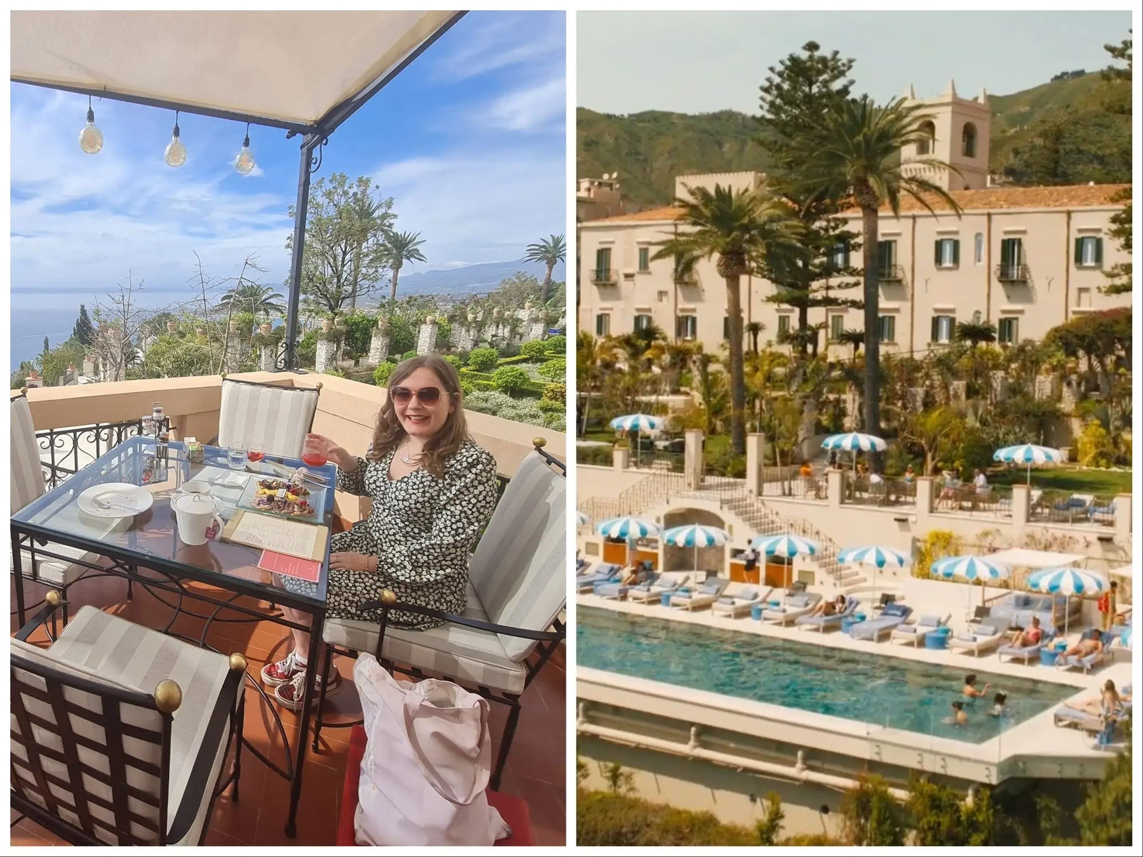 Mikhaila Friel, a la izquierda, en el San Domenico Palace, un hotel Four Seasons, en Taormina, Sicilia. A la derecha, el mismo hotel en 'The White Lotus'.