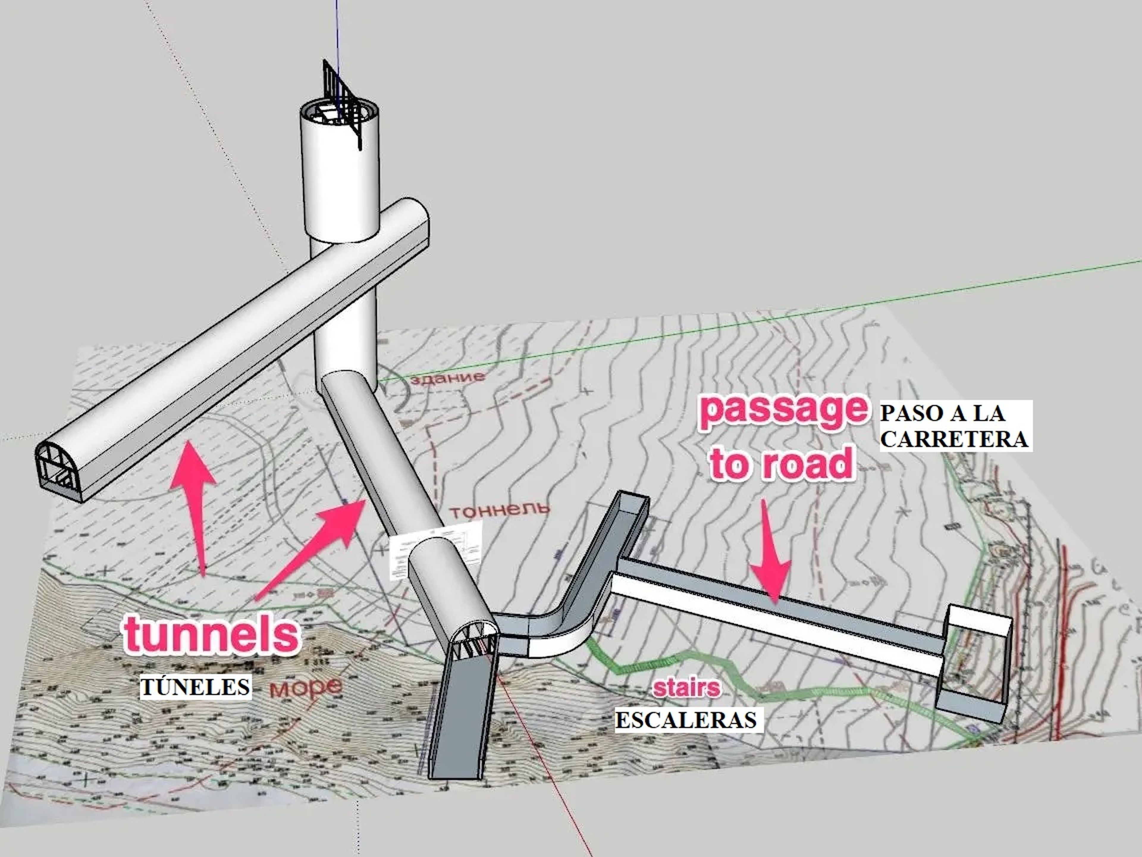 Este modelo 3D muestra los 2 túneles, así como una tercera entrada, a la derecha.